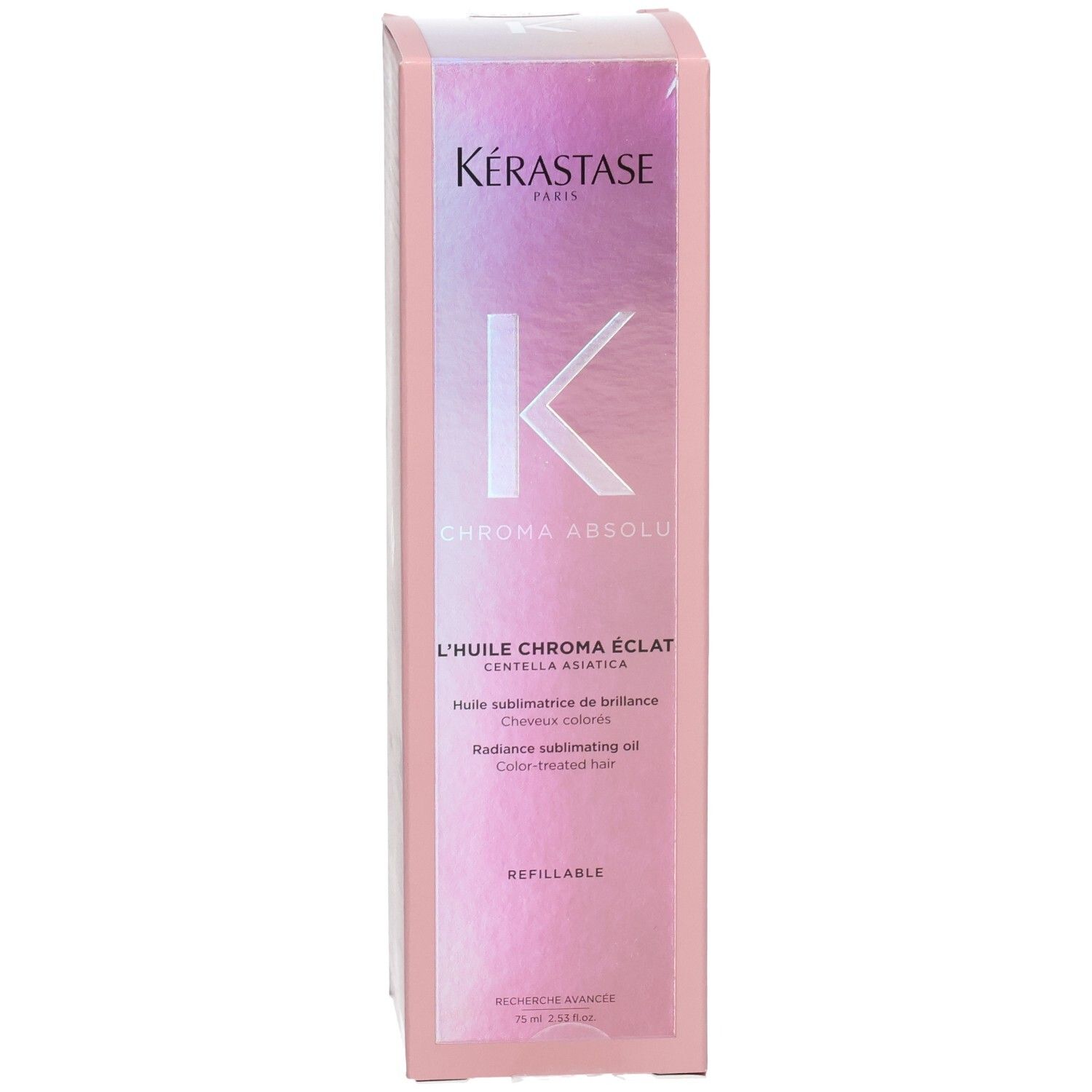 Kérastase Chroma Absolu Refillable Radiance Oil Verpackung mit K-Logo und Produktnamen.