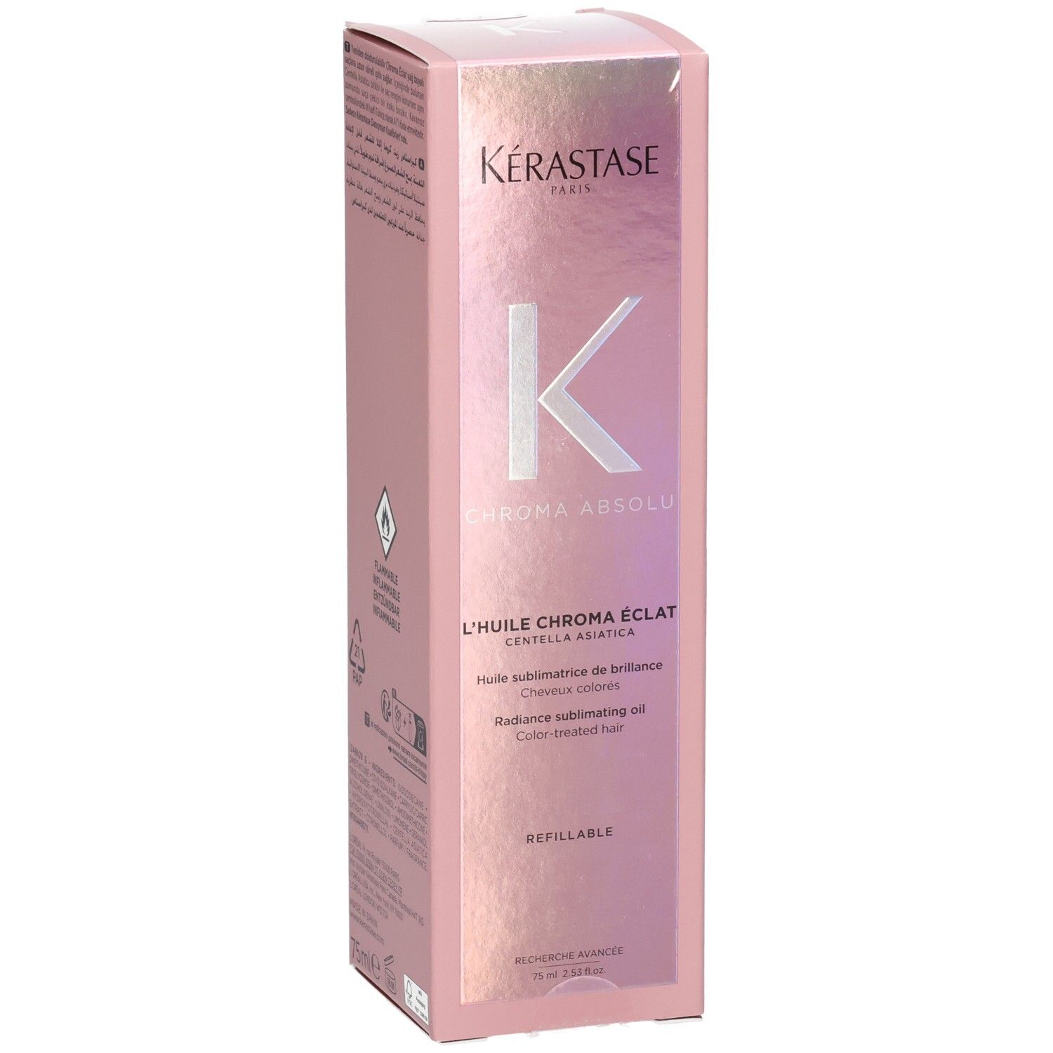 Kérastase Chroma Absolu Refillable Radiance Oil Verpackung mit K-Logo und Produktnamen.