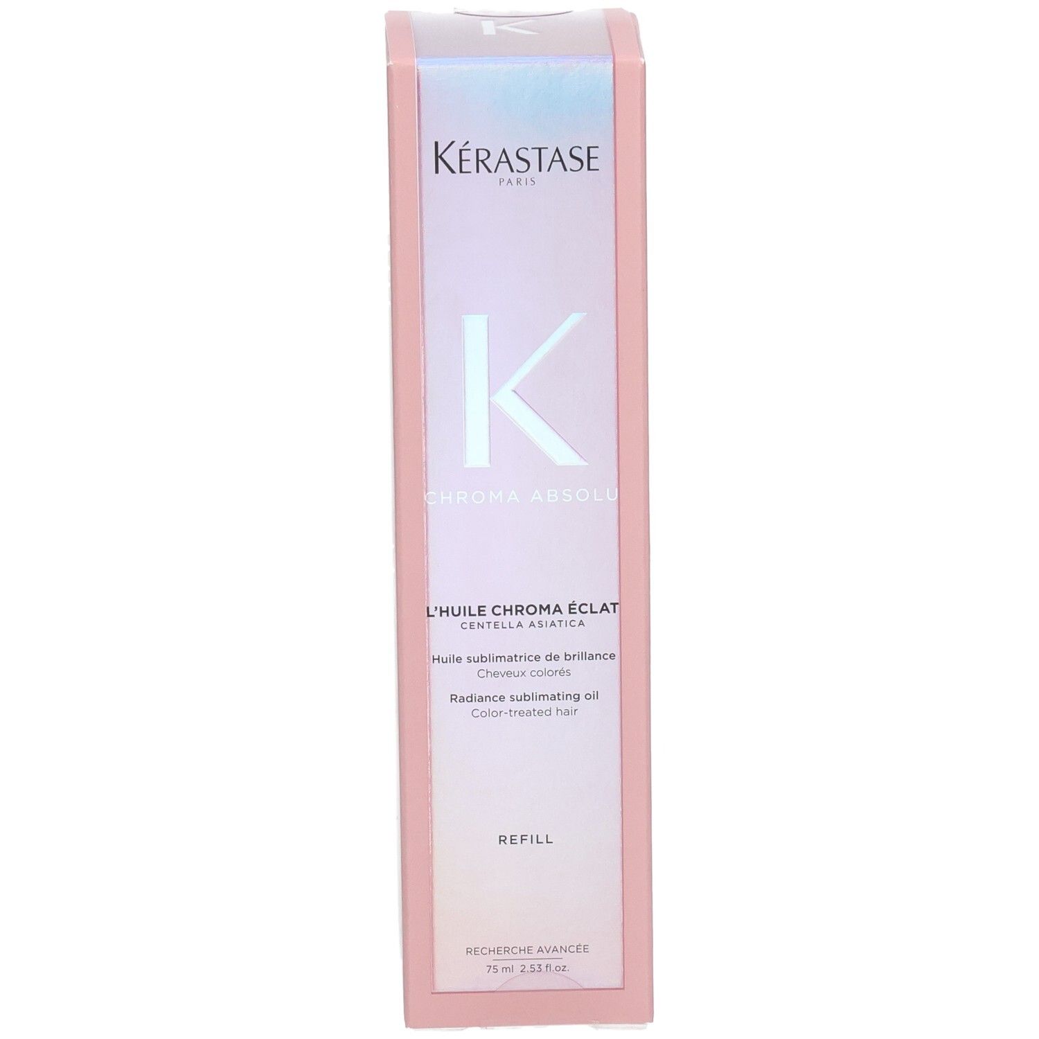 Kérastase Chroma Absolu Huile Chroma Éclat Recharge, Vorderseite mit Logo und Produktbezeichnung.