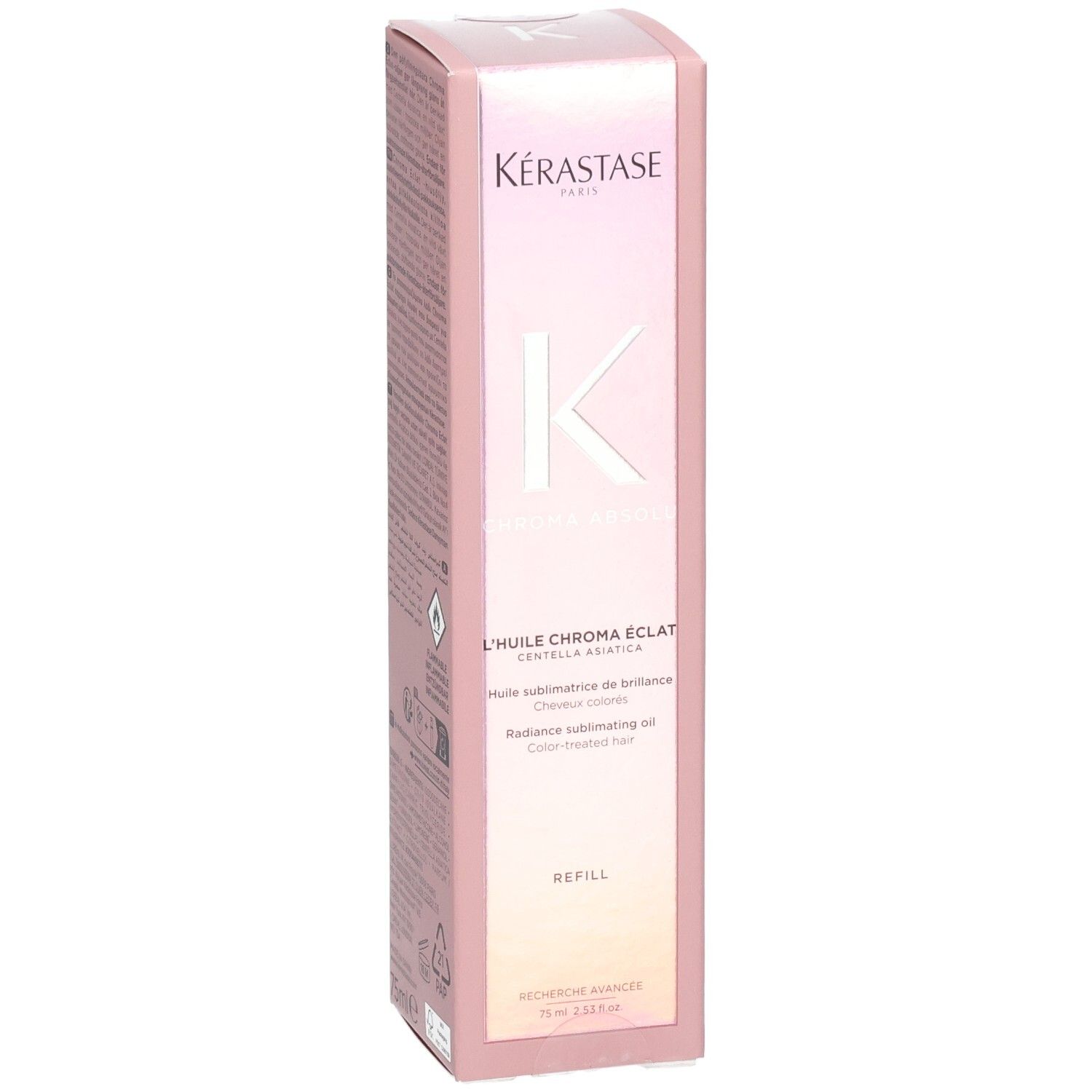 Kérastase Chroma Absolu Huile Chroma Éclat Recharge, Verpackung mit Farbverlauf.