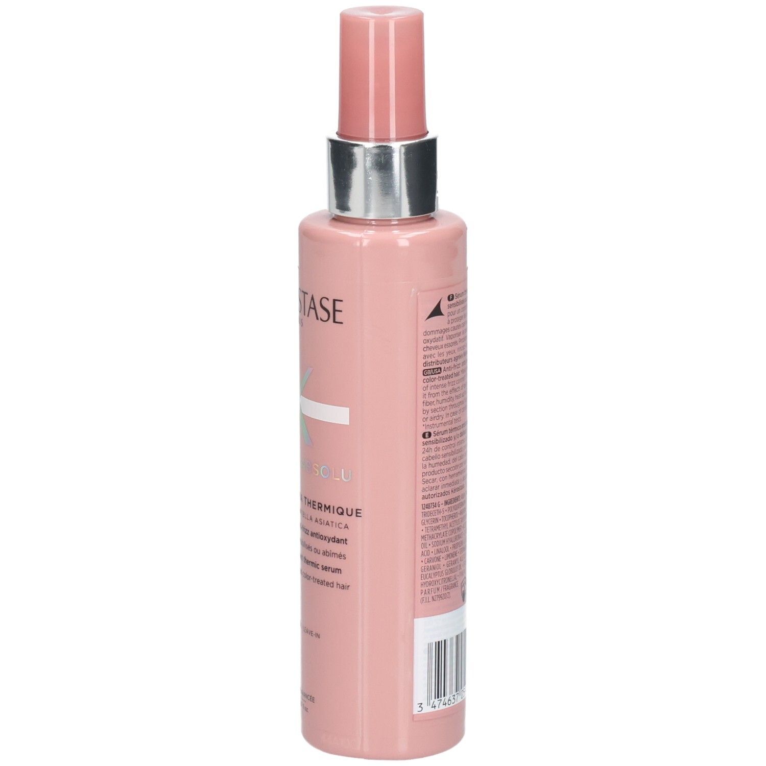 Seitenansicht der Kérastase Chroma Absolu Sérum Chroma Thermique Flasche mit detaillierten Produktinformationen.