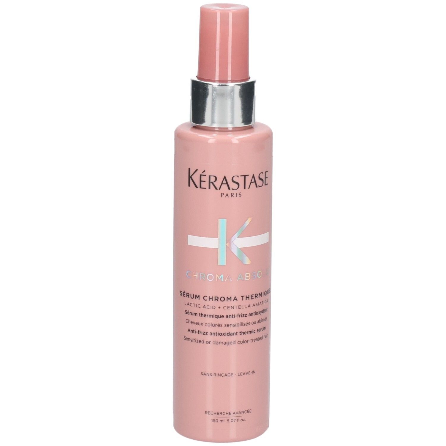 Kérastase Chroma Absolu Sérum Chroma Thermique, 150ml Flasche mit Pumpspender, vorne und seitlich.