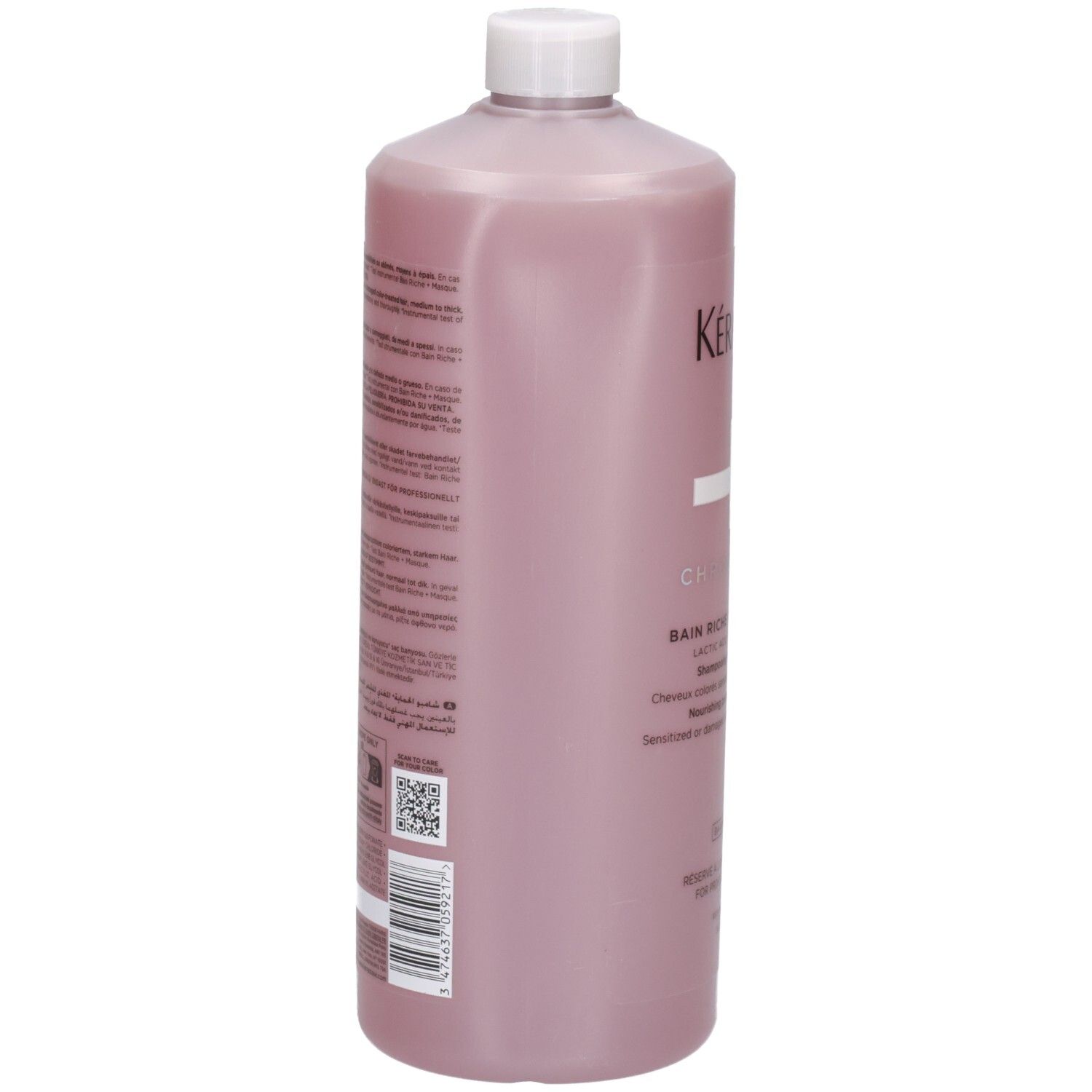 Rückseite der Kérastase Chroma Absolu Bain Riche 1000ml Shampoo-Flasche mit Text.