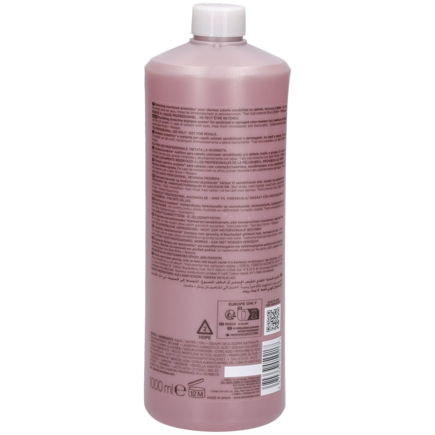Rückseite der Kérastase Chroma Absolu Bain Riche 1000ml Shampoo-Flasche mit Text und Barcode.