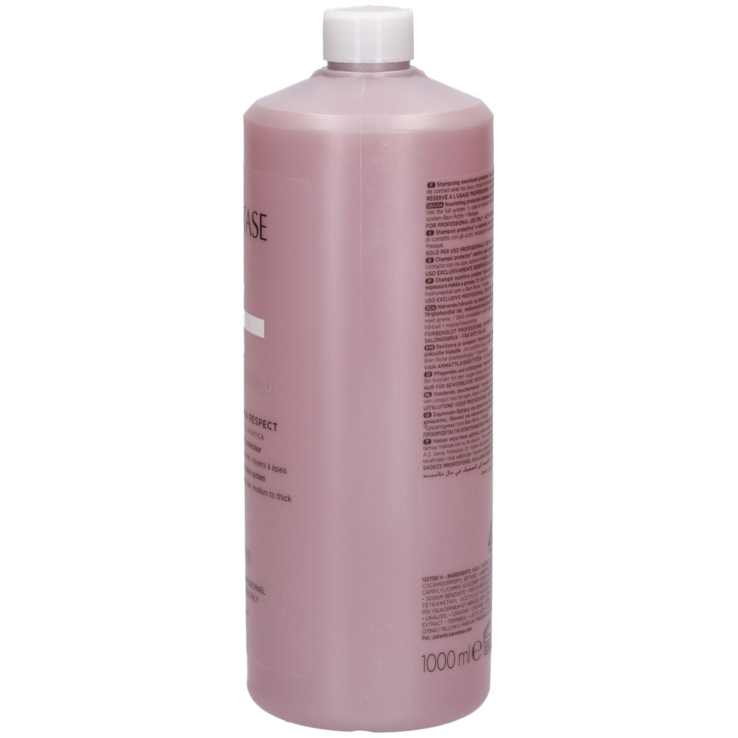 Seitenansicht der Kérastase Chroma Absolu Bain Riche 1000ml Shampoo-Flasche mit Text.