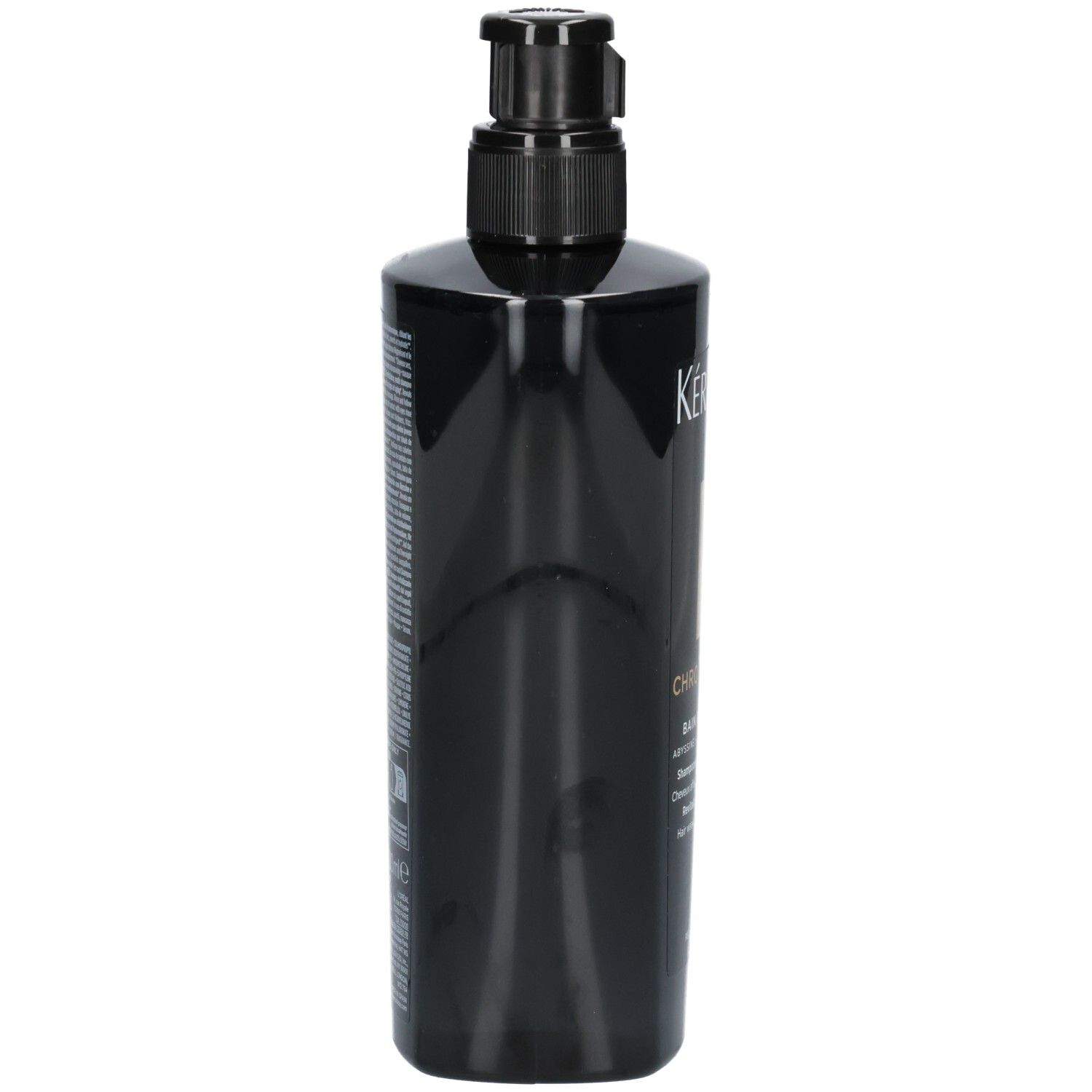 Rückseite einer schwarzen Kérastase Flasche mit Pumpspender, Chronologiste Bain Régénérant Shampoo.