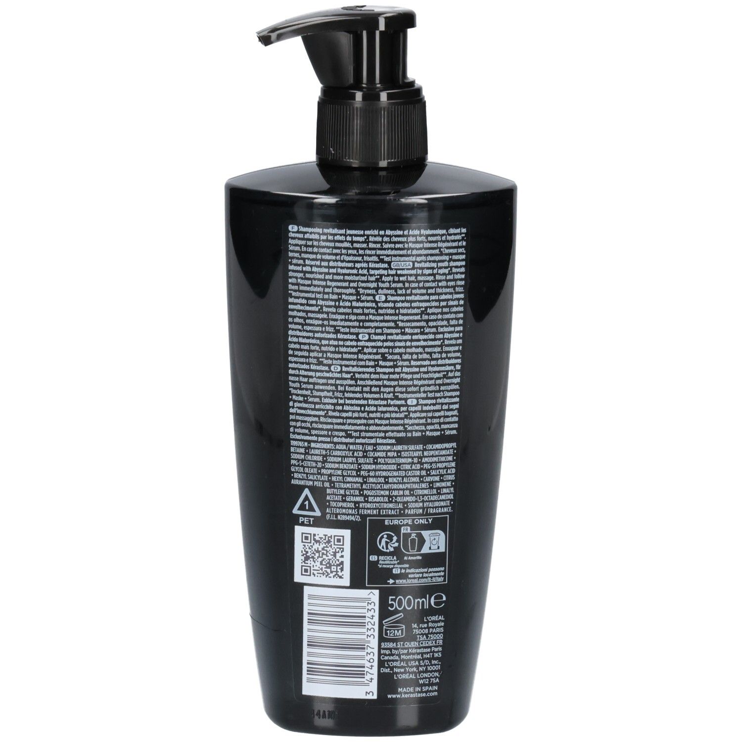 Rückseite einer schwarzen Kérastase Flasche mit Pumpspender, Chronologiste Bain Régénérant Shampoo, 500ml.