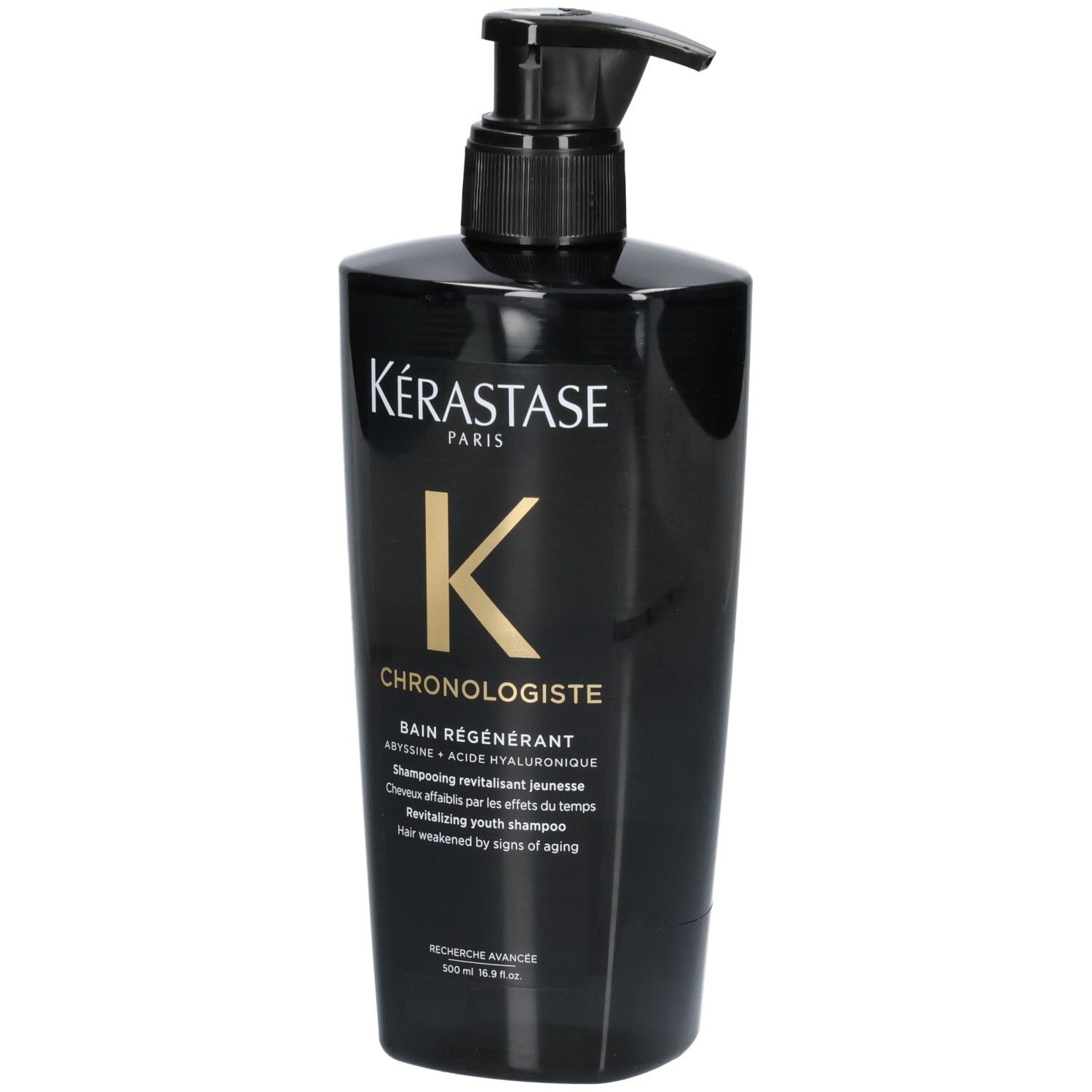 Schwarze Kérastase Flasche mit Pumpspender, Chronologiste Bain Régénérant Shampoo.