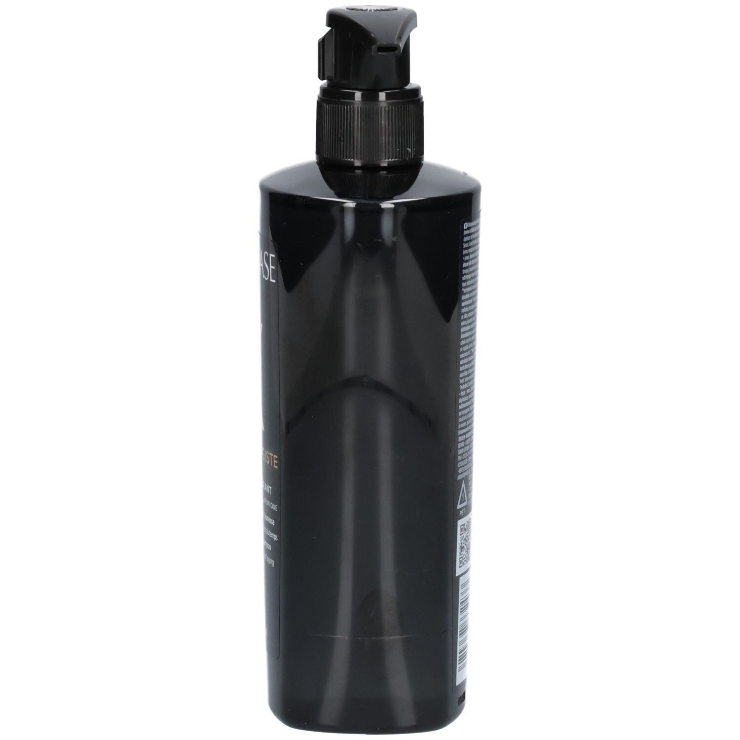 Seitenansicht einer schwarzen Kérastase Flasche mit Pumpspender, Chronologiste Bain Régénérant Shampoo.