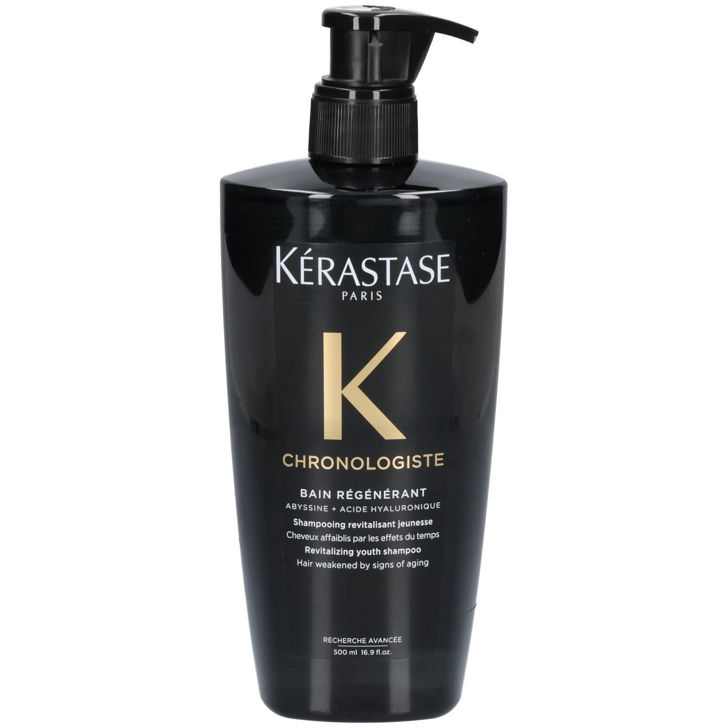 Schwarze Kérastase Flasche mit Pumpspender, Chronologiste Bain Régénérant Shampoo.