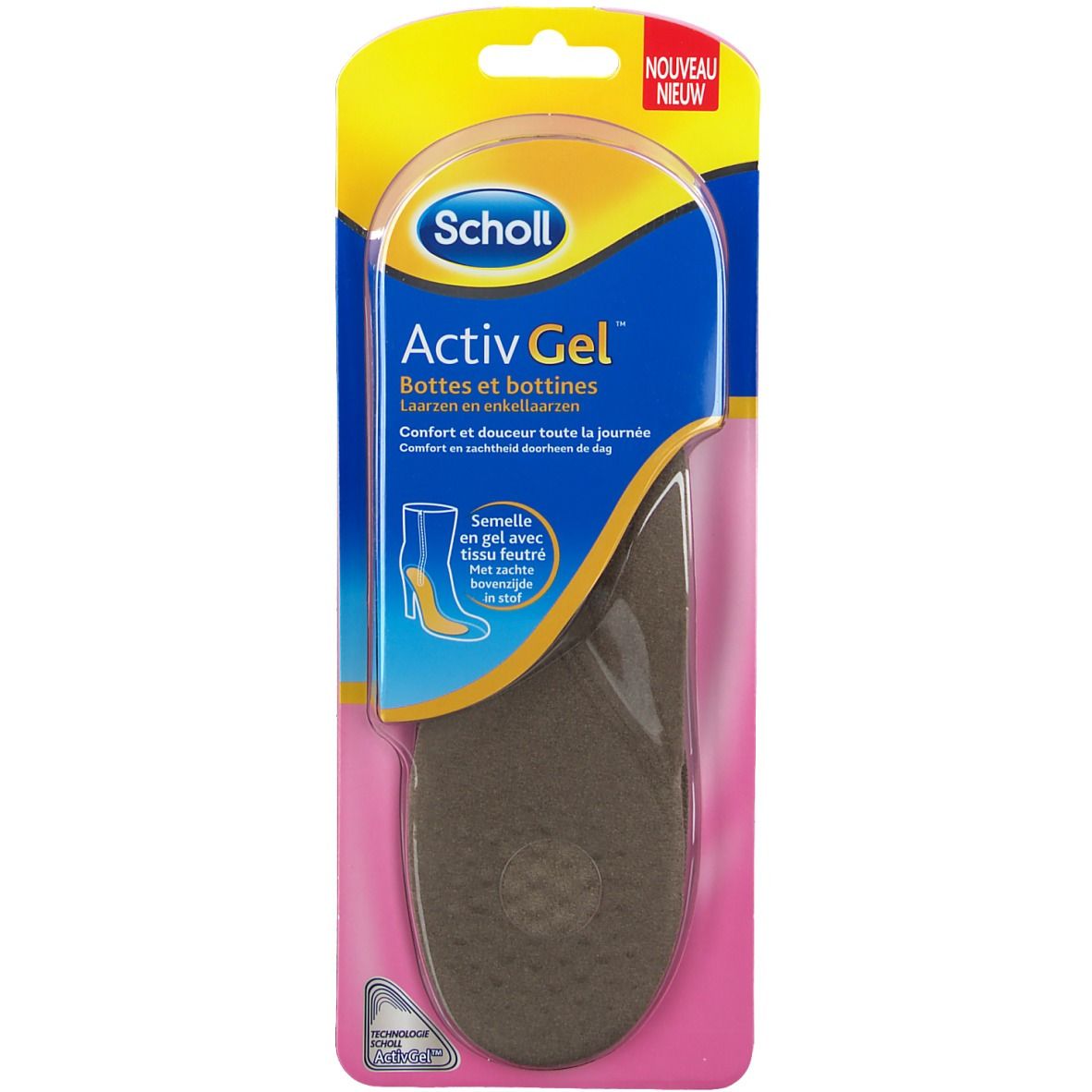 Scholl ActivGel Einlegesohlen für Stiefel und Stiefeletten in Verpackung. Gel-Sohle, braun, mit blauer und gelber Verpackung.