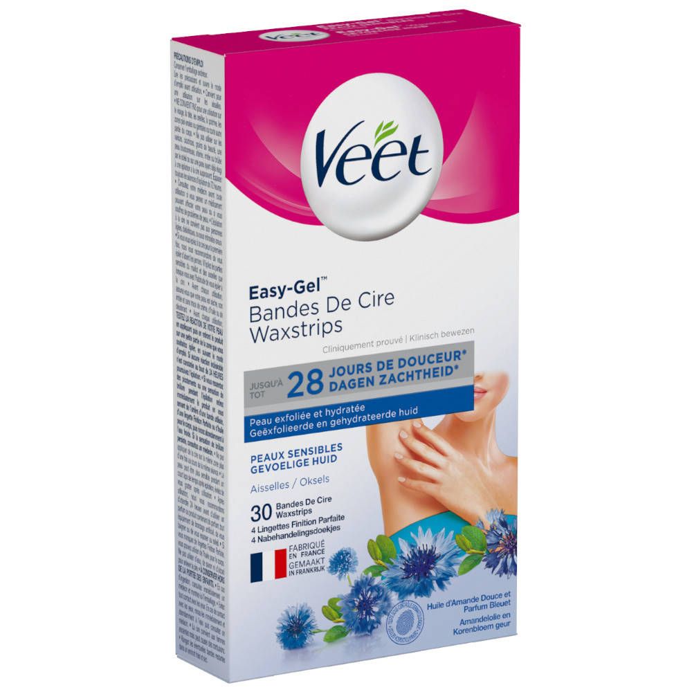 Boîte de bandes de cire Veet. Rose et blanc. Contient 30 bandes et 4 lingettes. Texte: Easy-Gel, 28 jours de douceur.