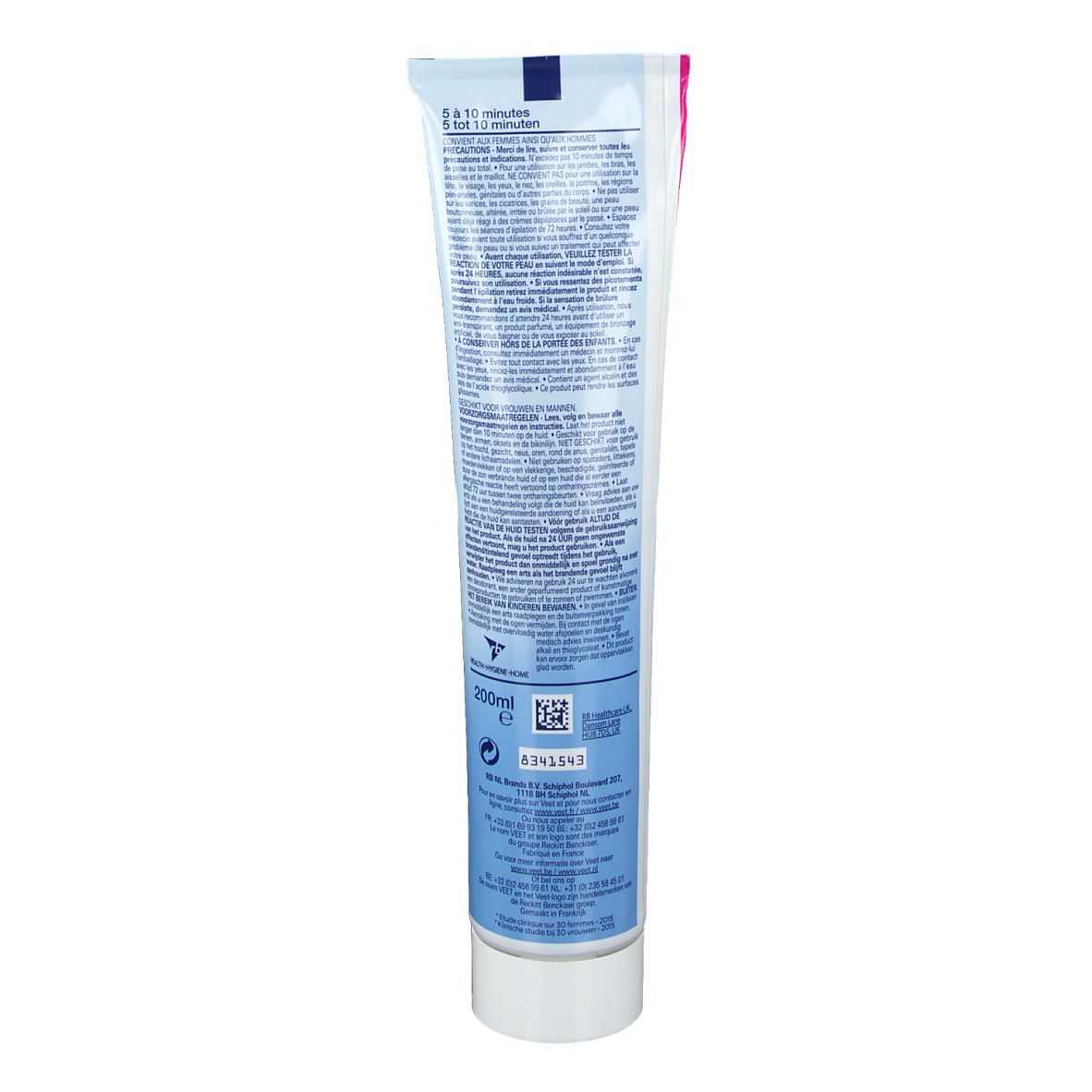 Dos du tube de crème dépilatoire Veet. Texte en plusieurs langues. 200ml. Code-barres et autres informations.