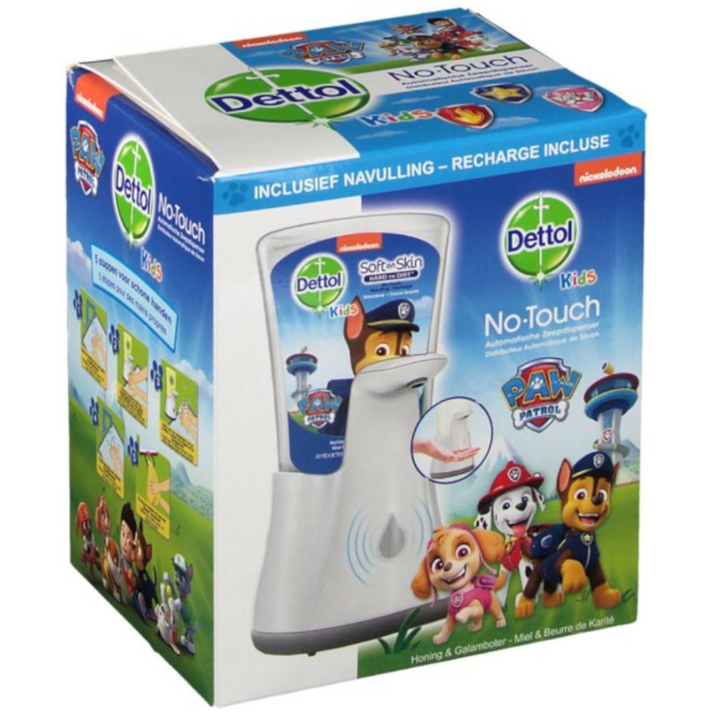 Distributeur de savon Dettol No-Touch Kids avec motifs Pat' Patrouille. Emballage avec distributeur et recharge. Logo Nickelodeon.