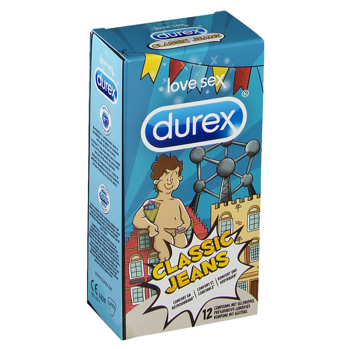 Blau-gelbe Schachtel mit "durex" und "CLASSIC JEANS" Schriftzug. Illustration einer Comicfigur und Gebäude.