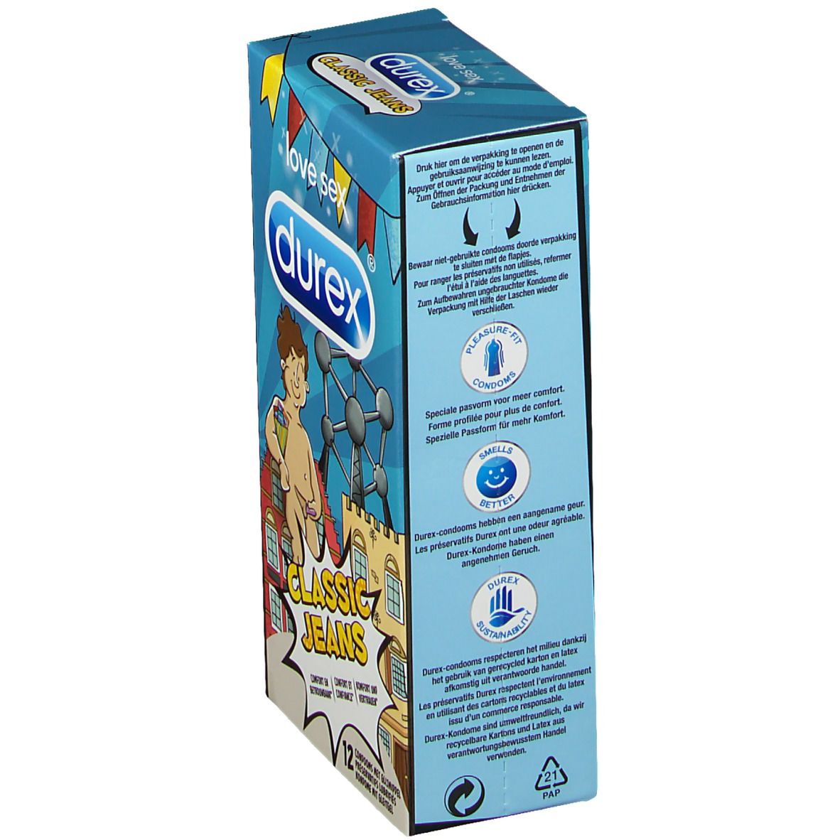 Rückseite der blauen Schachtel mit Text in mehreren Sprachen. "durex" Logo oben.
