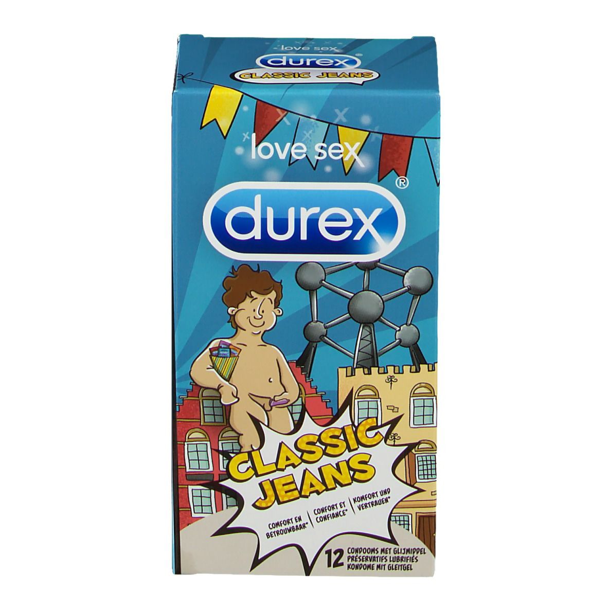 Blaue Schachtel mit "durex" und "CLASSIC JEANS" Schriftzug. Comicfigur und Gebäudeillustration.