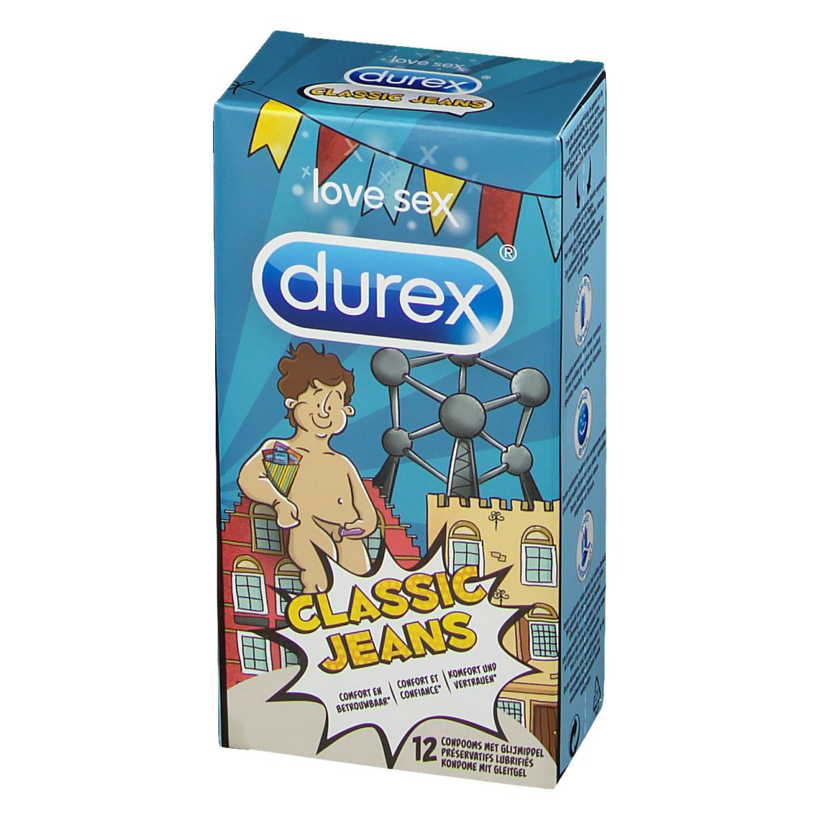 Blaue Schachtel mit "durex" und "CLASSIC JEANS" Schriftzug. Comicfigur und Gebäudeillustration.