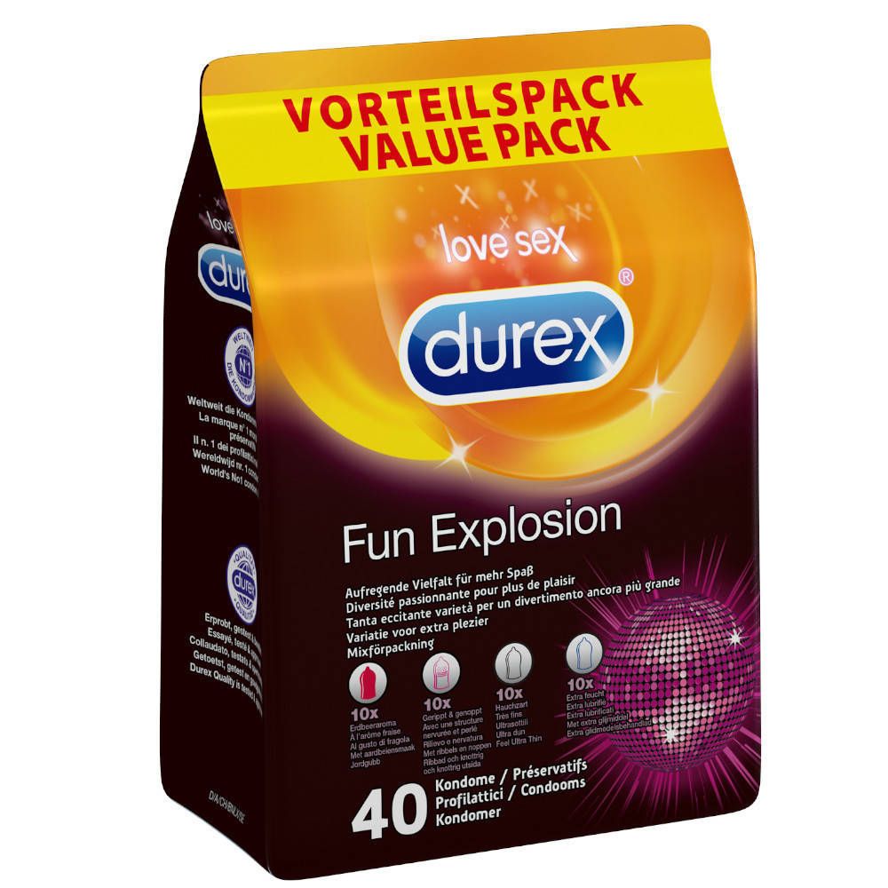 Packung mit 40 Kondomen. Aufschrift 'Fun Explosion' und 'durex'. Enthält 10x, 10x, 10x, 10x Kondome. 'Vorteilspack' Aufdruck.