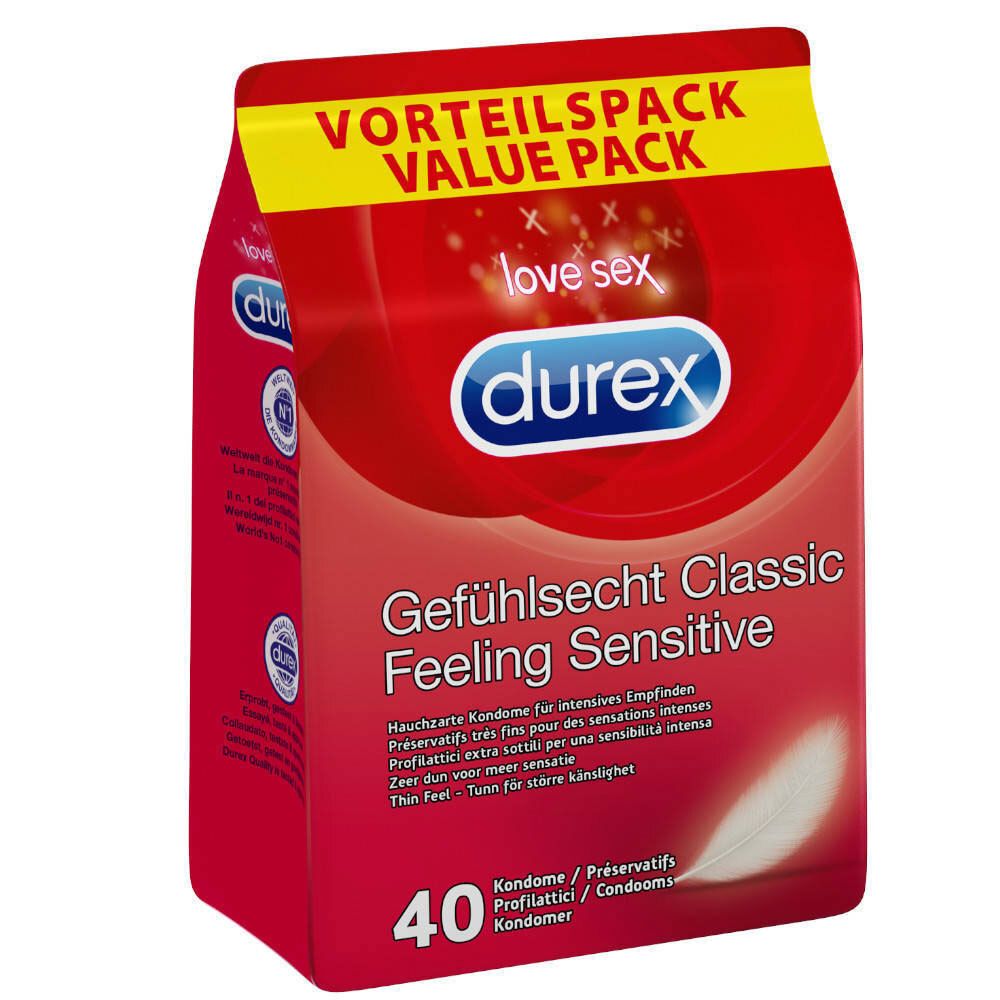 Rode verpakking met gele strook. Bevat 40 condooms. Opschrift: Durex, Gefühlsecht Classic Feeling Sensitive.