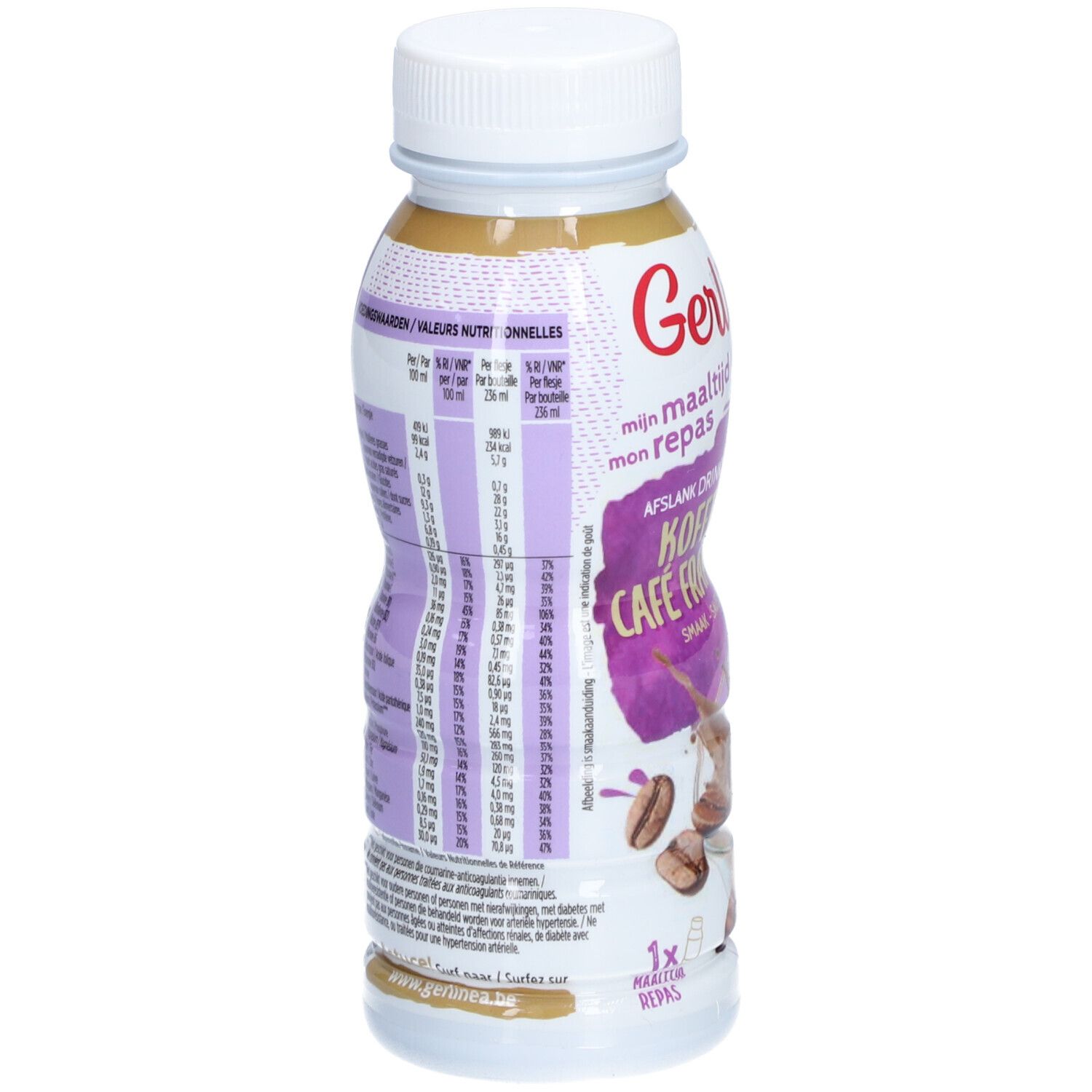 Gerlinéa Diätdrink Café Frappé. Bouteille avec informations nutritionnelles. Inscription : Koffie Café Frappé. Bouchon blanc.