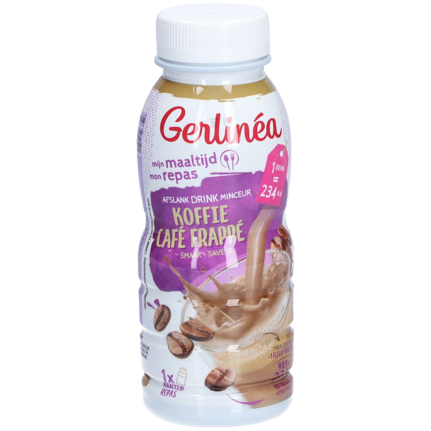 Gerlinéa Diätdrink Café Frappé. Bouteille de boisson au café, bouchon blanc et étiquette. Inscription : Koffie Café Frappé.