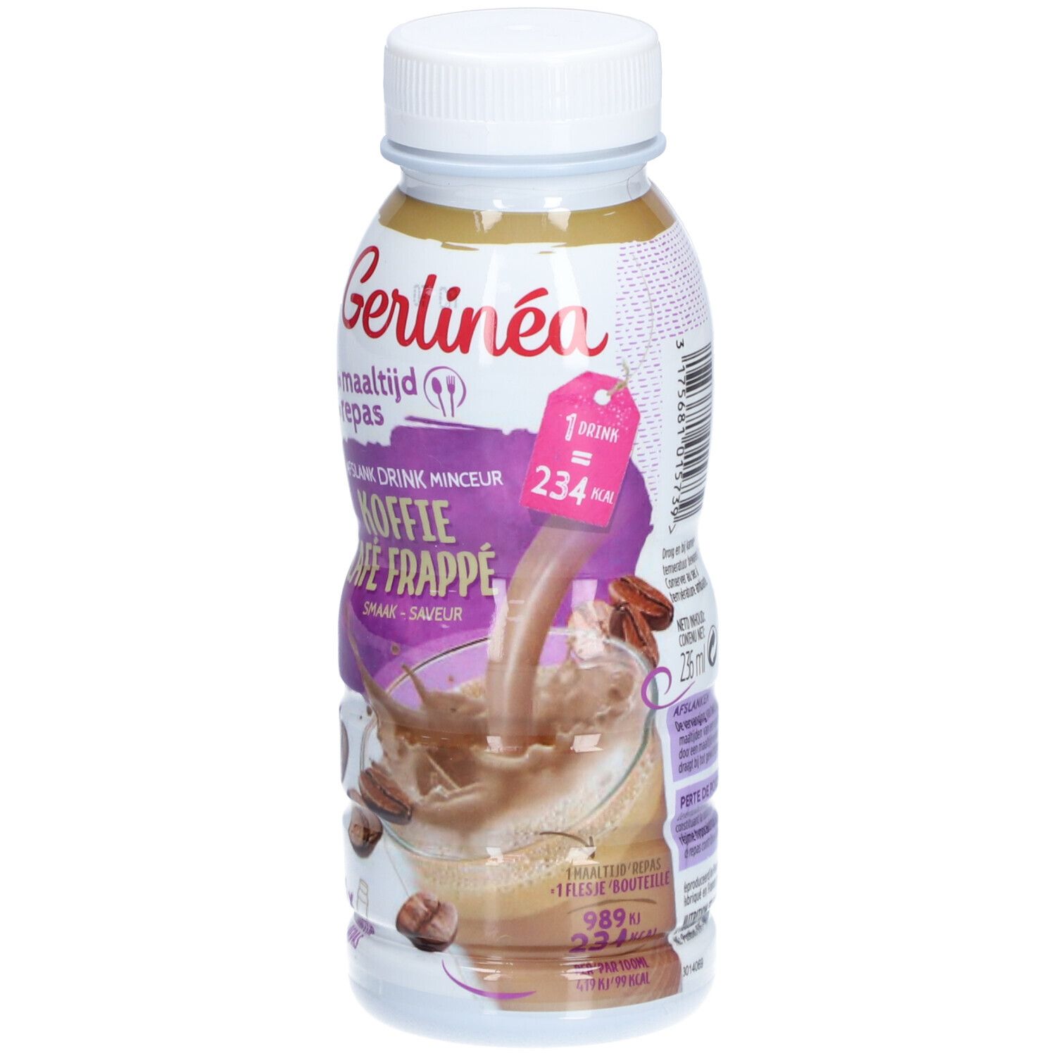 Gerlinéa Diätdrink Café Frappé. Bouteille de boisson au café, bouchon blanc et étiquette. Inscription : Koffie Café Frappé.