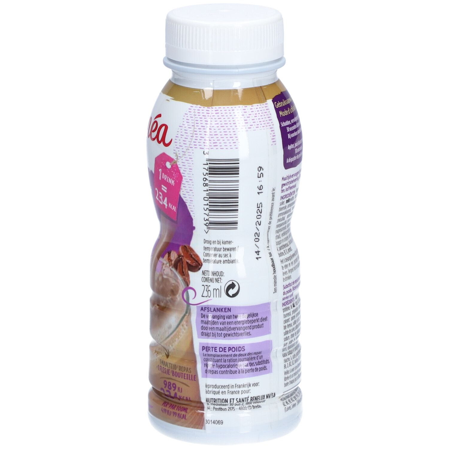 Gerlinéa Diätdrink Café Frappé. Bouteille de boisson au café, bouchon blanc et étiquette. Inscription : Koffie Café Frappé.
