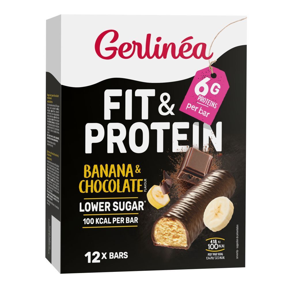 Boîte de barres protéinées. Inscription : Fit & Protein, Banane & Chocolat, 6g de protéines par barre, 12 barres.