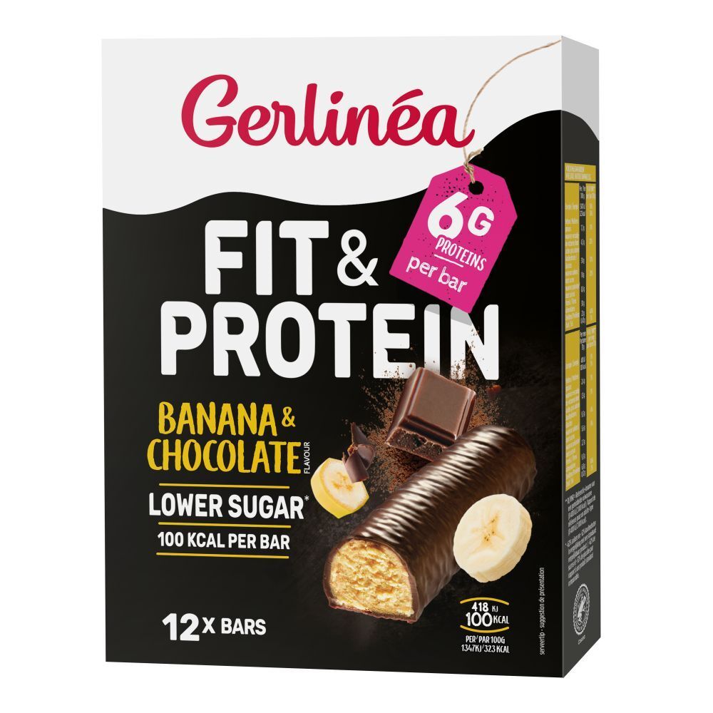 Boîte de barres protéinées. Inscription : Fit & Protein, Banane & Chocolat, 6g de protéines par barre, 12 barres.
