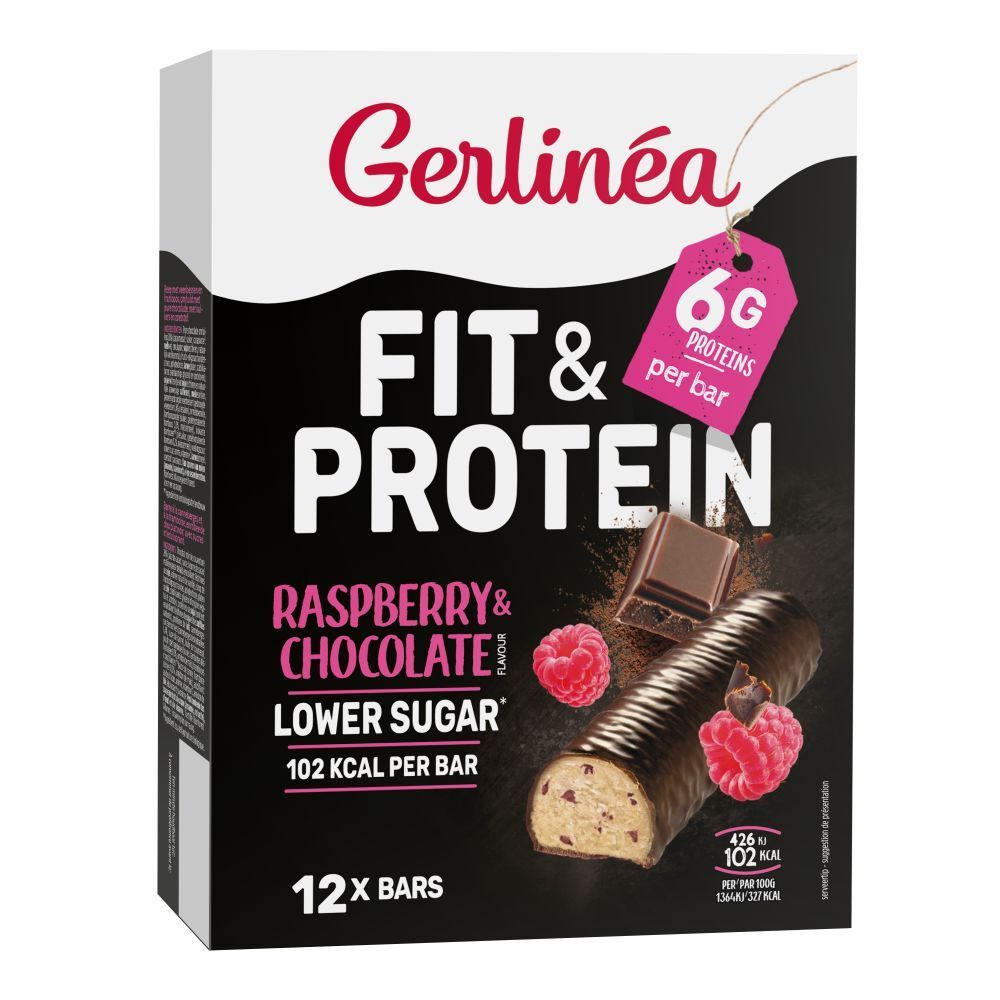 Boîte de barres Gerlinéa Fit & Protein. Framboise & Chocolat. 12 barres. 6g protéines par barre. Moins de sucre.