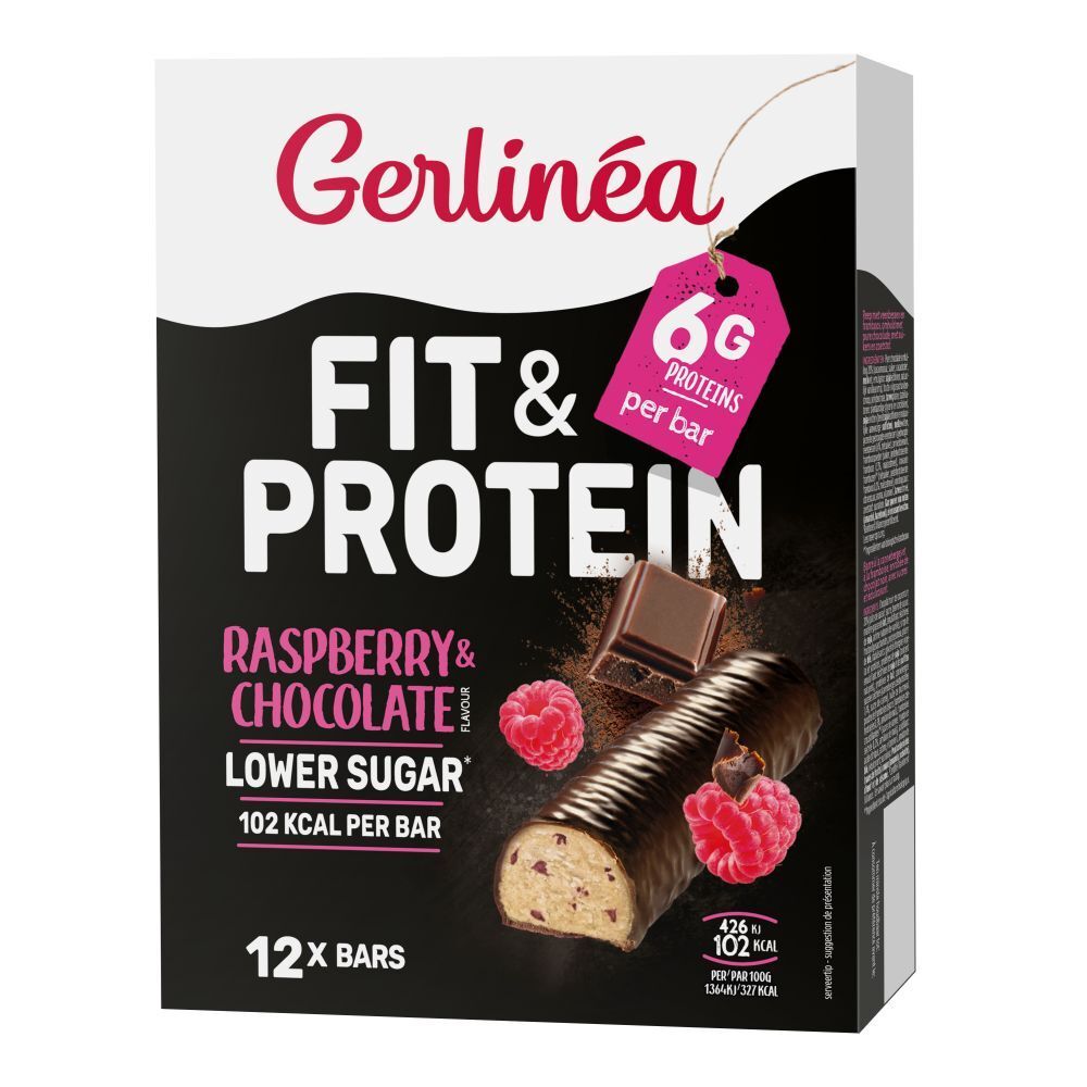 Boîte de barres Gerlinéa Fit & Protein. Framboise & Chocolat. 12 barres. 6g protéines par barre. Moins de sucre.