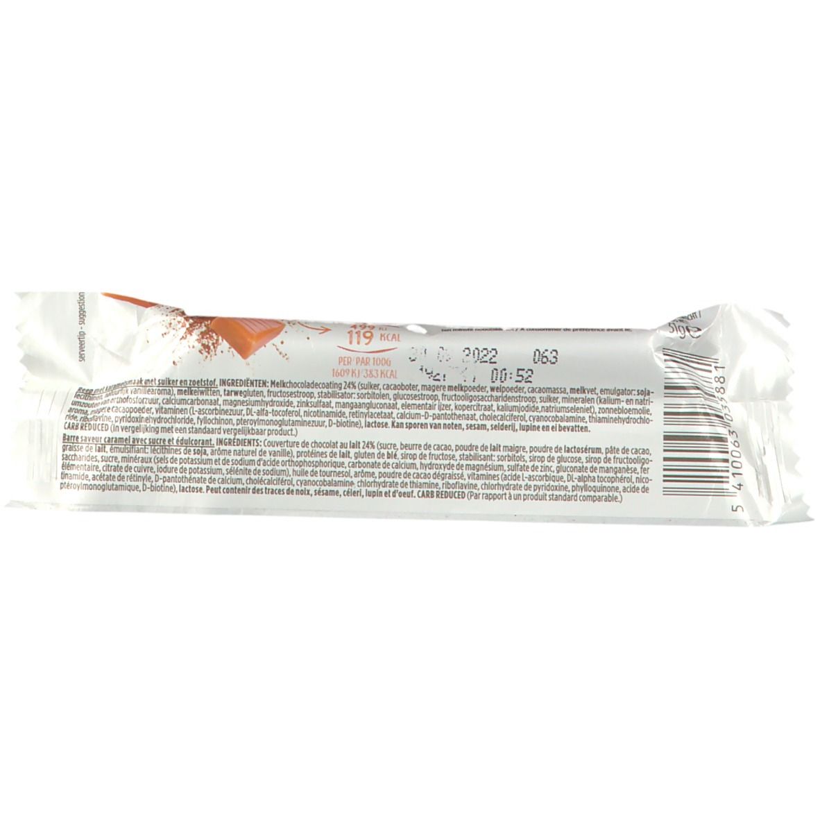 Barre emballée. Dos avec texte, informations nutritionnelles et code-barres. Emballage blanc avec accents bruns.