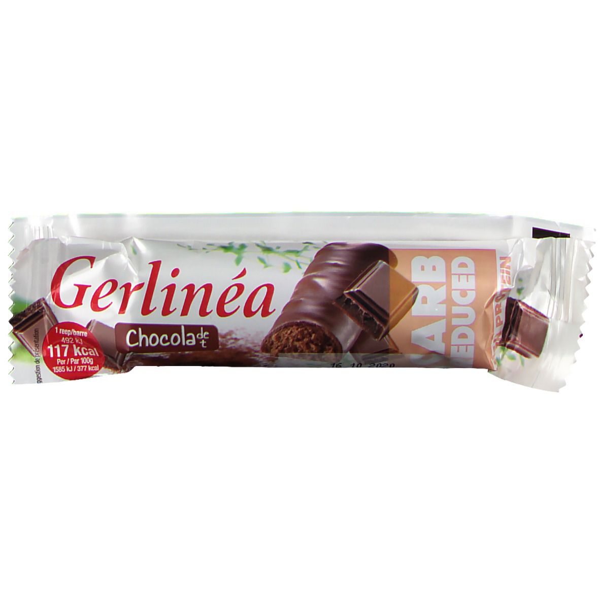 Barre protéinée Gerlinéa Carb Reduced Chocolat, emballage plastique. Nom du produit visible, morceau de chocolat.