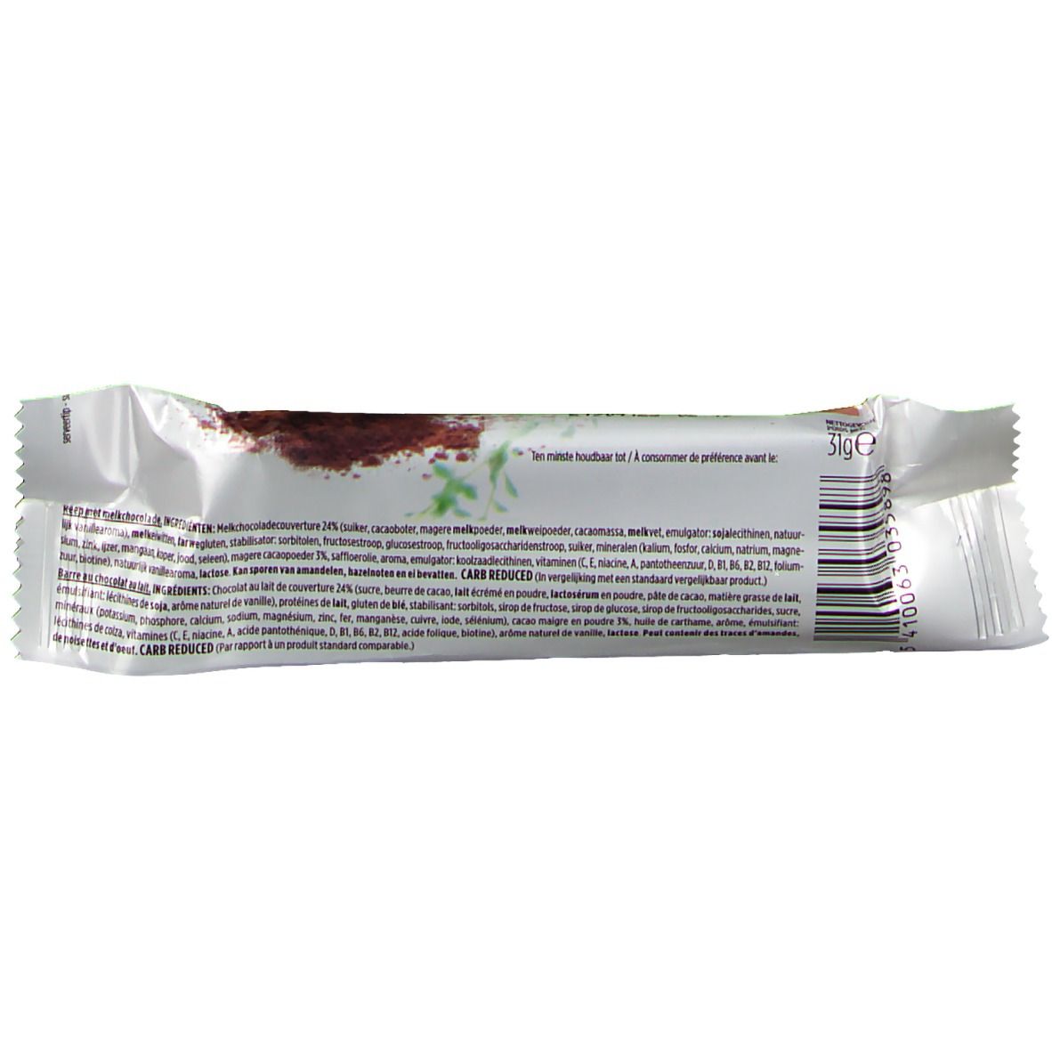 Dos de l'emballage de la barre Gerlinéa Carb Reduced High Protein Chocolat. Texte et code-barres visibles.