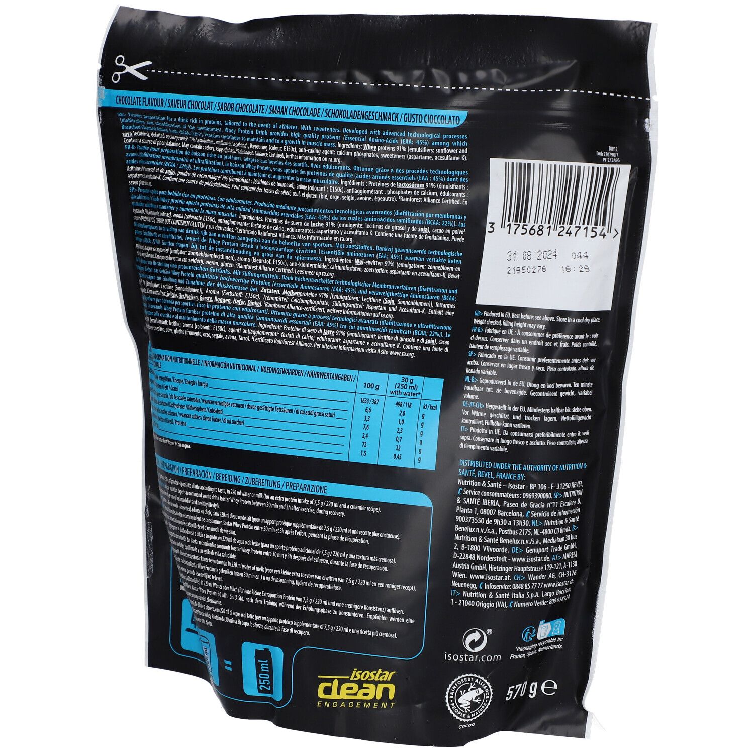 Rückseite der Whey Protein Verpackung. Enthält Nährwertangaben, Zutatenliste und Herstellerinformationen.
