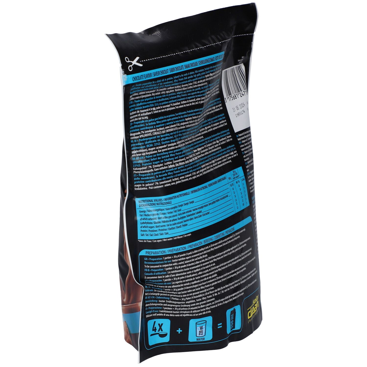 Seitenansicht der Whey Protein Verpackung. Enthält Nährwertangaben und Zubereitungshinweise.