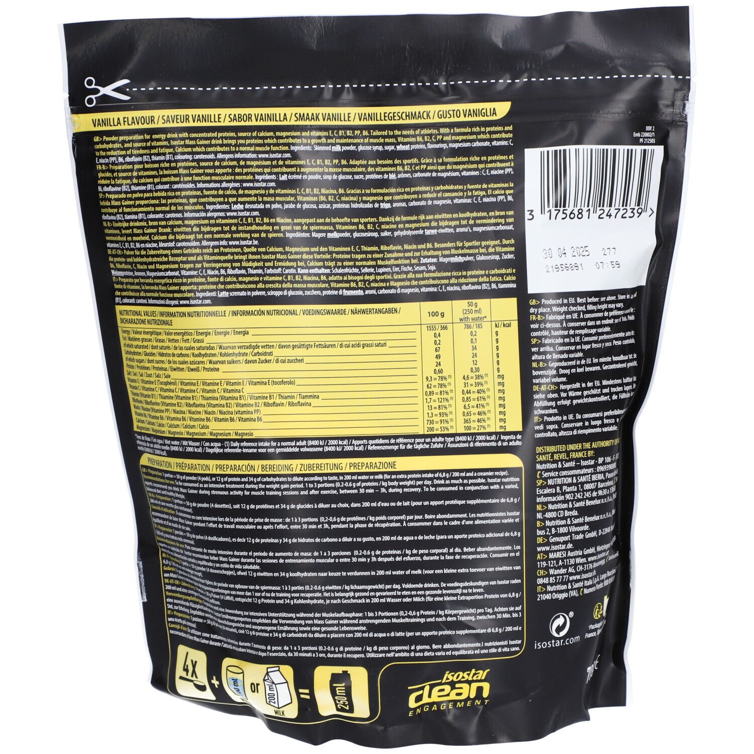 Rückseite des Isostar Mass Gainer Vanille Beutels. Enthält Nährwertangaben, Zutatenliste und Zubereitungshinweise. 700g.