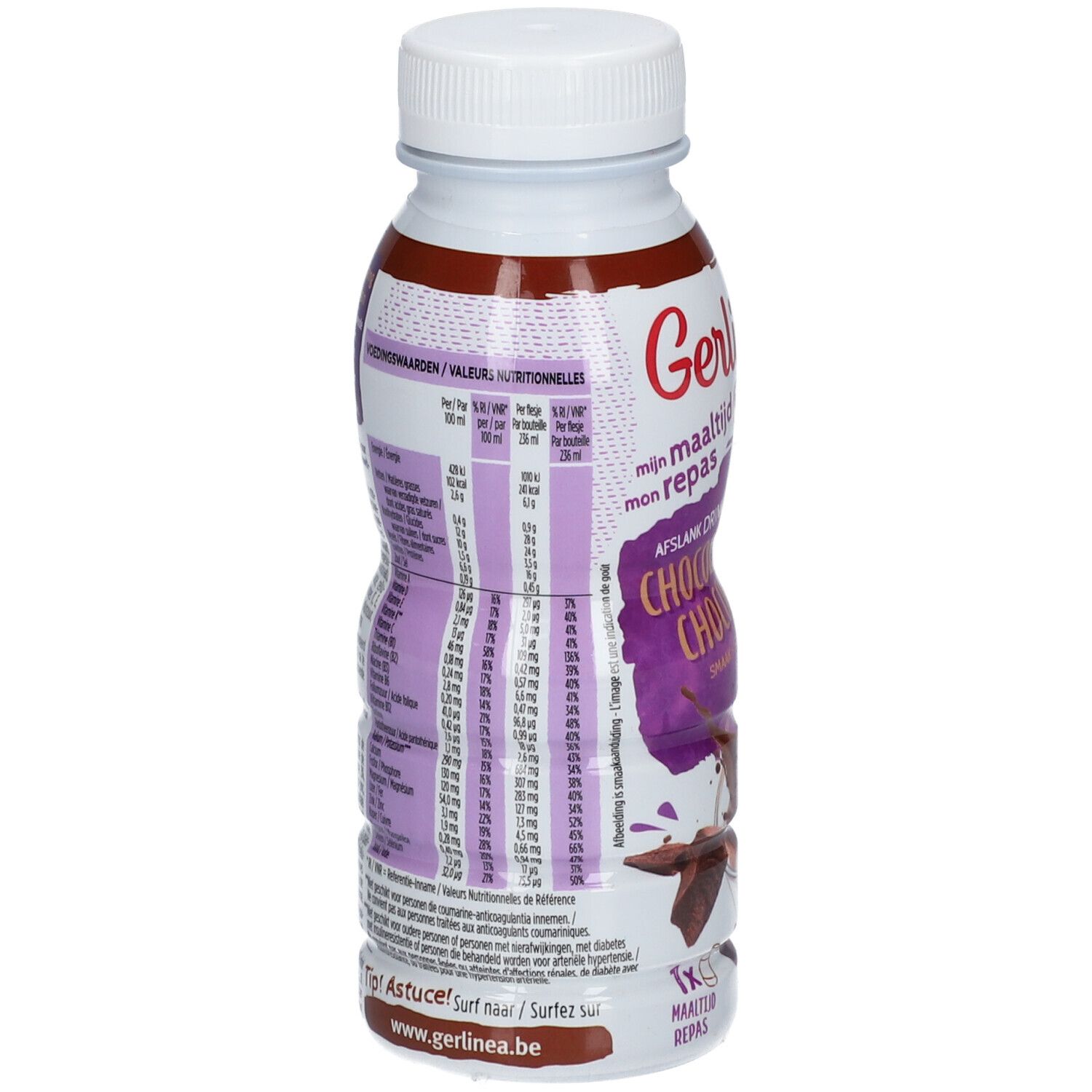 Gerlinéa boisson repas chocolat. Dos de la bouteille avec informations nutritionnelles et informations produit en plusieurs langues.