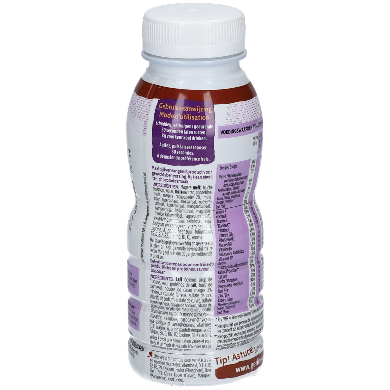 Gerlinéa boisson repas chocolat. Dos de la bouteille avec mode d'emploi, liste des ingrédients et informations nutritionnelles.