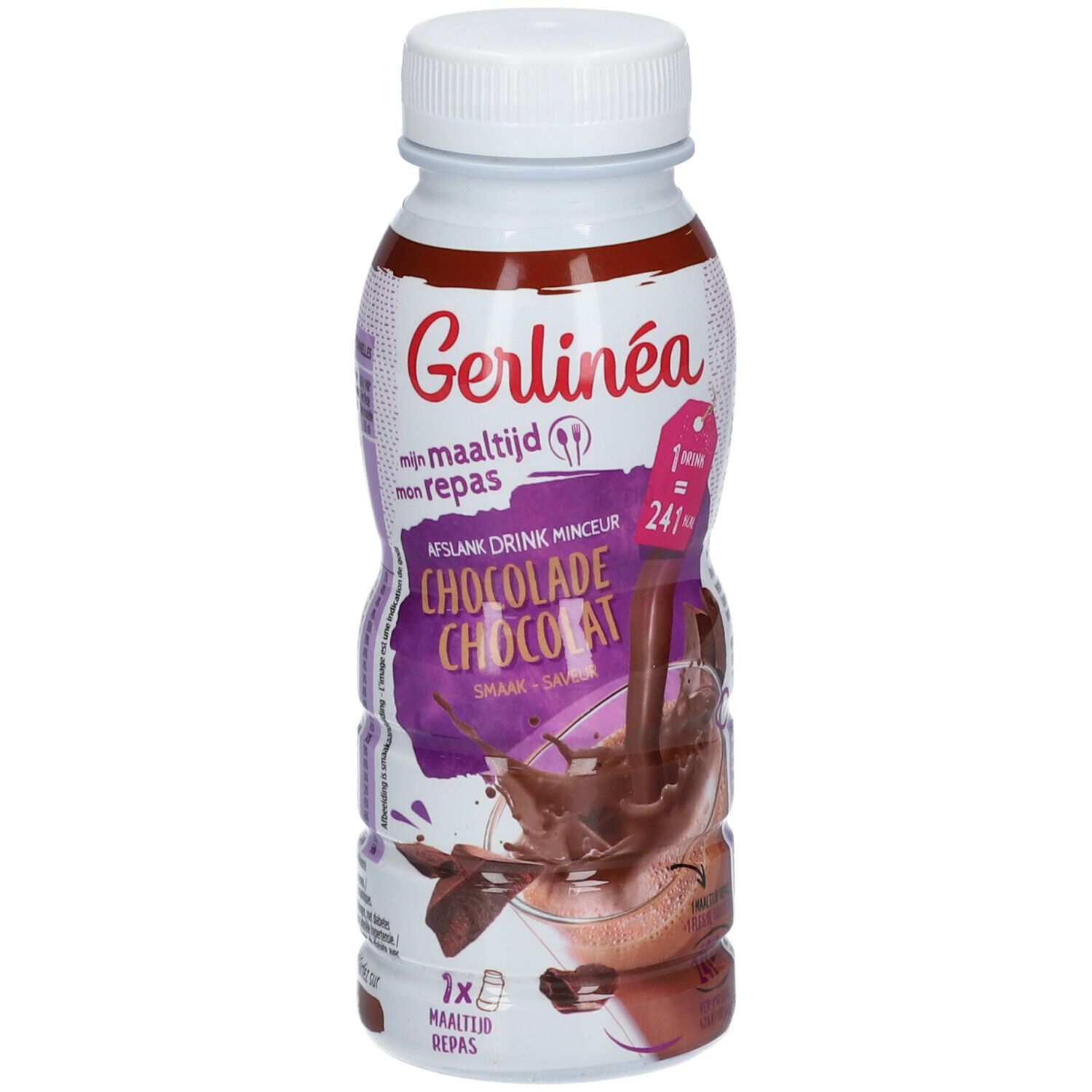 Gerlinéa boisson repas chocolat. Bouteille avec bouchon blanc. Impression avec informations produit et illustration de chocolat.