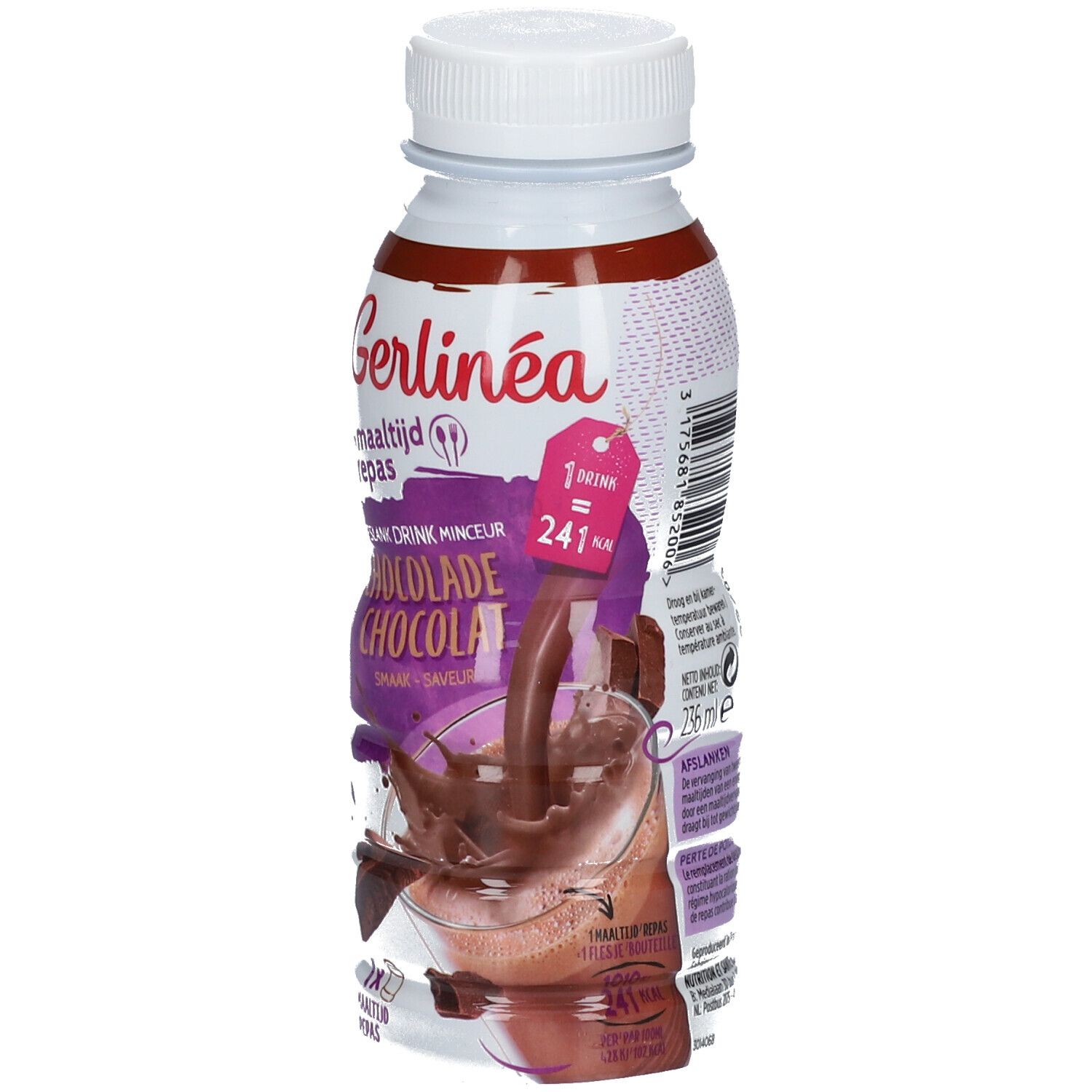 Gerlinéa boisson repas chocolat. Bouteille avec bouchon blanc. Impression avec informations produit et illustration de chocolat.
