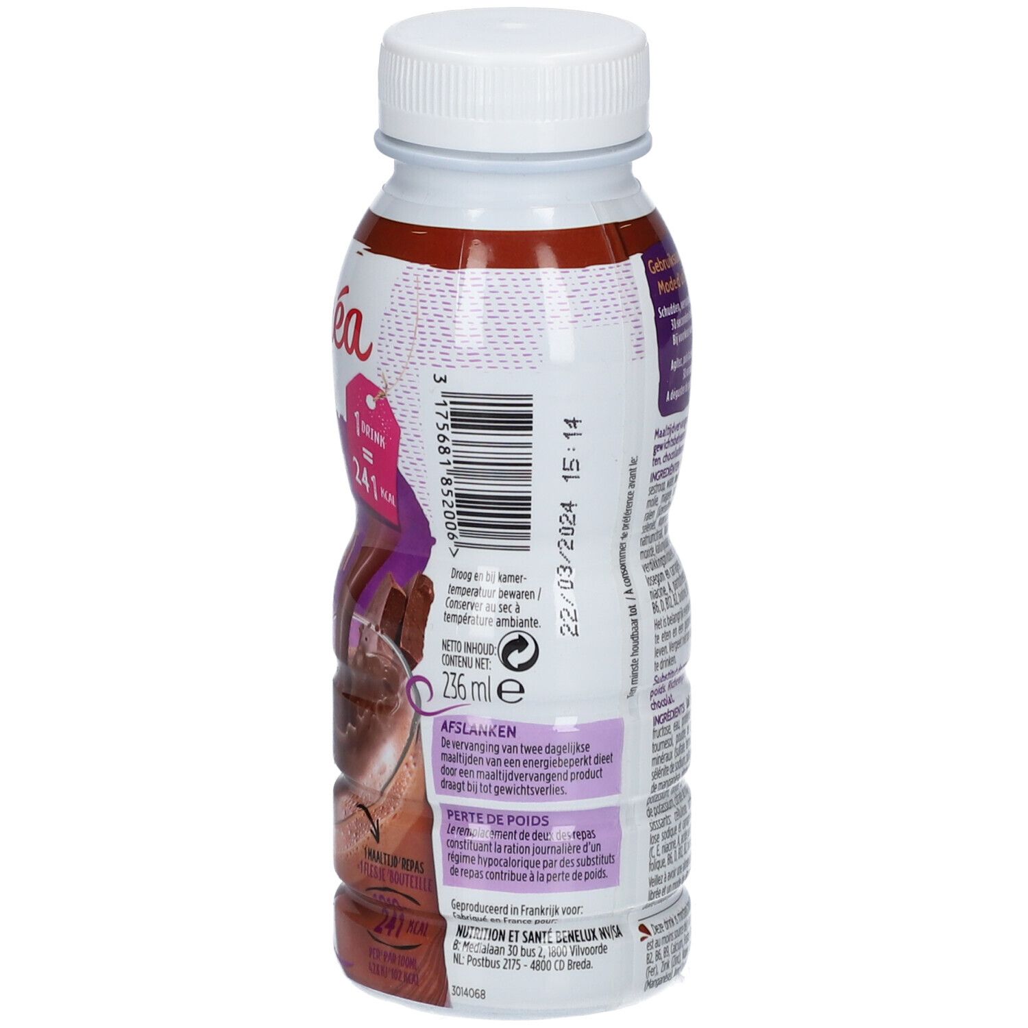Gerlinéa boisson repas chocolat. Dos de la bouteille avec informations nutritionnelles, liste des ingrédients et date de péremption.
