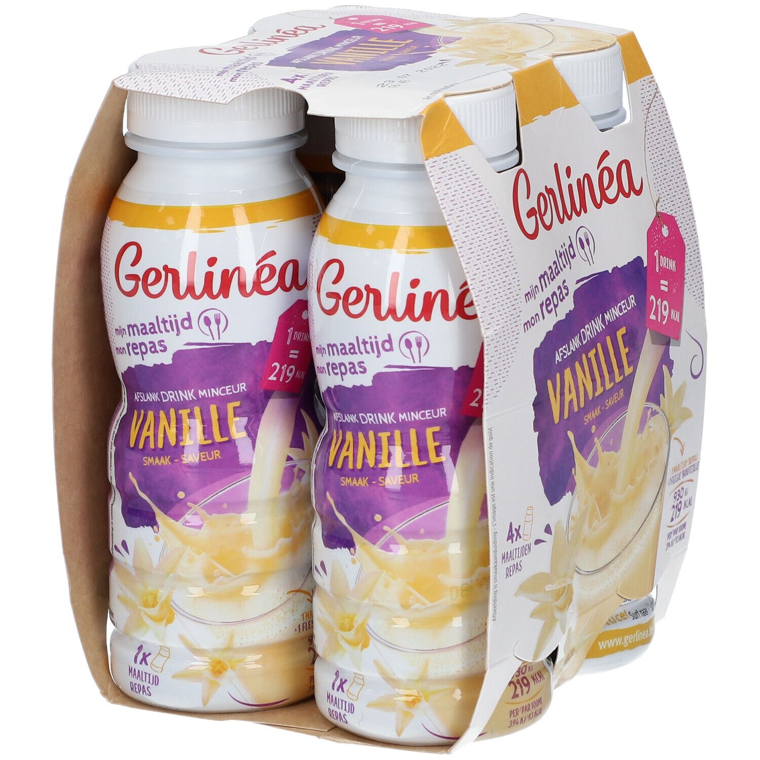 Pack de deux bouteilles de boisson à la vanille. Inscription : Gerlinéa, Afslank Drink Minceur, 219 kcal.