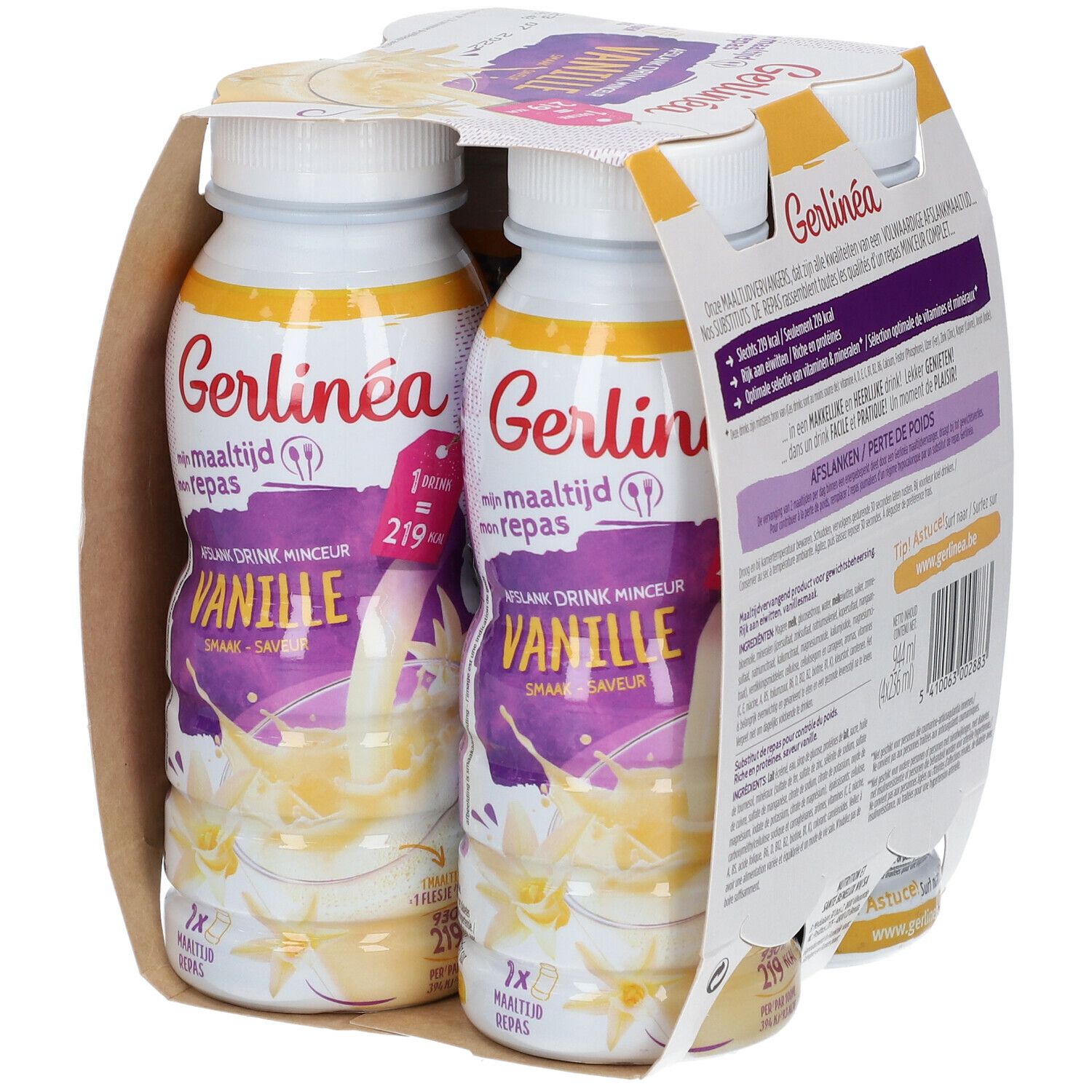 Pack de deux bouteilles de boisson à la vanille. Inscription : Gerlinéa, Afslank Drink Minceur, 219 kcal.