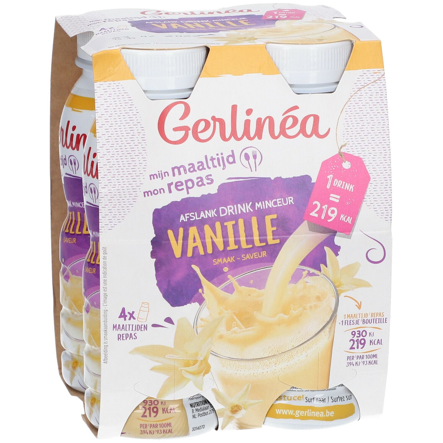 Pack de quatre bouteilles de boisson à la vanille. Inscription : Gerlinéa, Afslank Drink Minceur, 219 kcal.