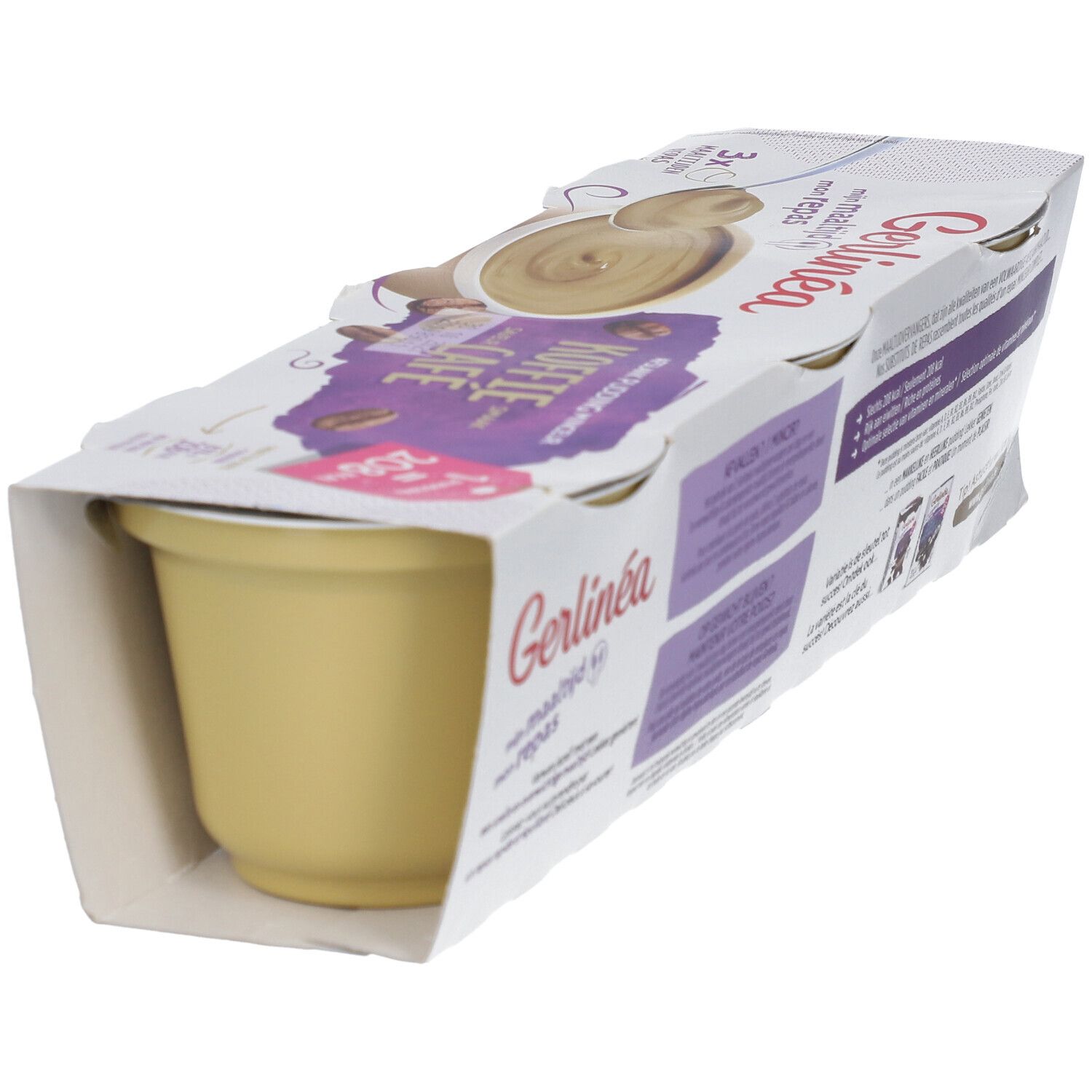 Emballage de trois pots de pudding. Inscription 'Gerlinéa Mijn Maaltijd' et 'Koffie Café'. Pots de pudding.