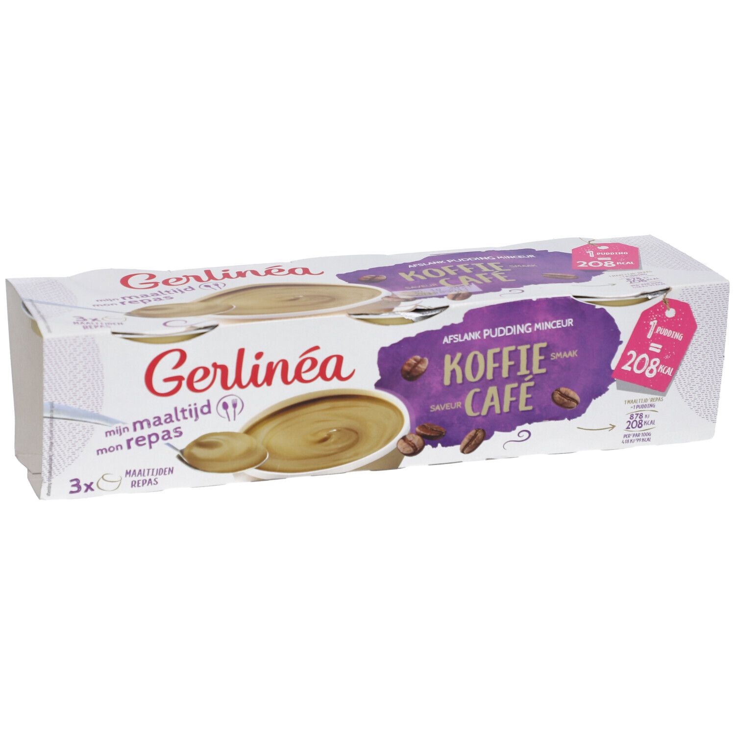 Emballage de trois pots de pudding. Inscription 'Gerlinéa Mijn Maaltijd' et 'Koffie Café'. Image de pudding et grains de café.