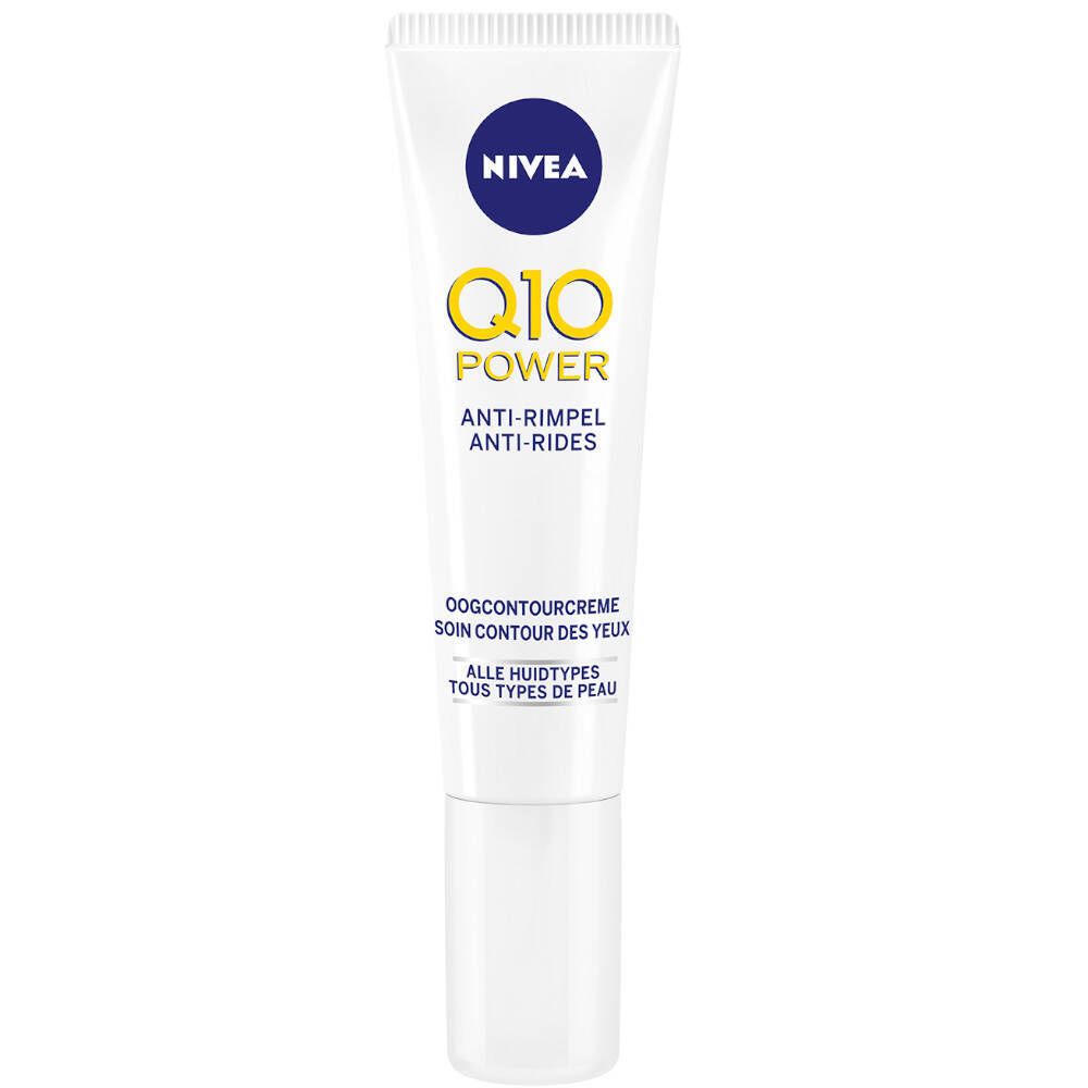 Tube blanc avec bouchon bleu. Inscription : NIVEA, Q10 Power, Anti-rides. Texte en allemand, français, italien, néerlandais.