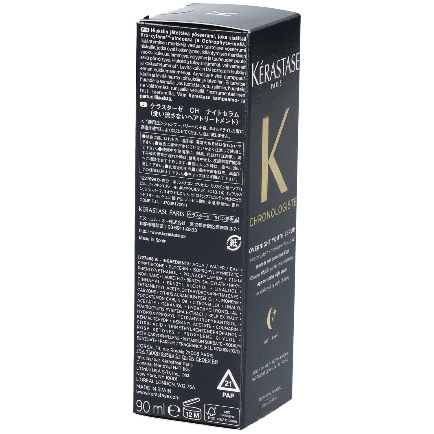 Kérastase Chronologiste Sérum de Nuit Youth: Rückseite der Box mit Inhaltsstoffen und Herstellungsdetails.